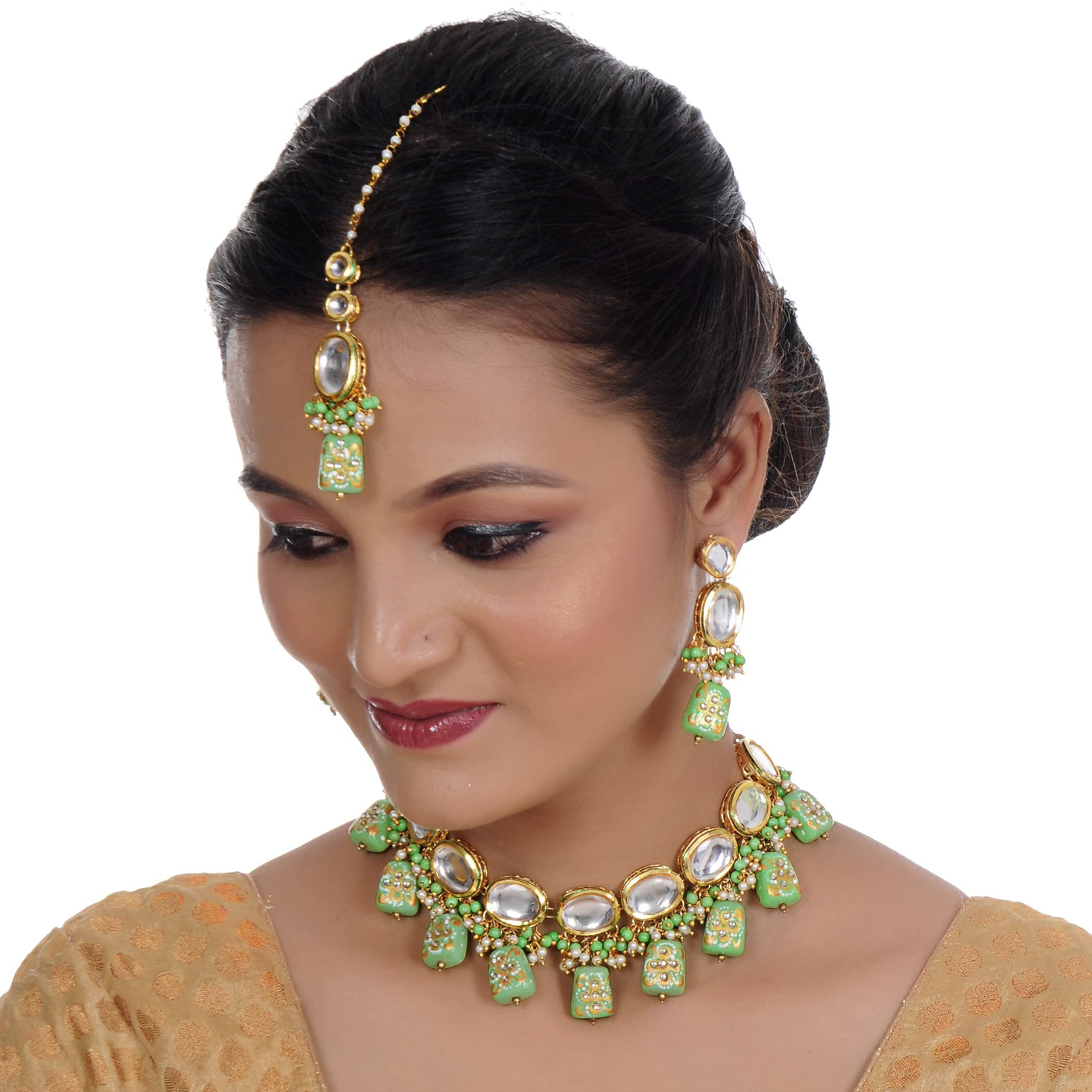 LUCKY JEWELLERY Back Meenakari 18k Gold Plated Green Color Tika Earring Combo Jewellery Set Uncut Kundan Big Faux Kundan Dibbi Kundan Choker Necklace Set for Girls & Women