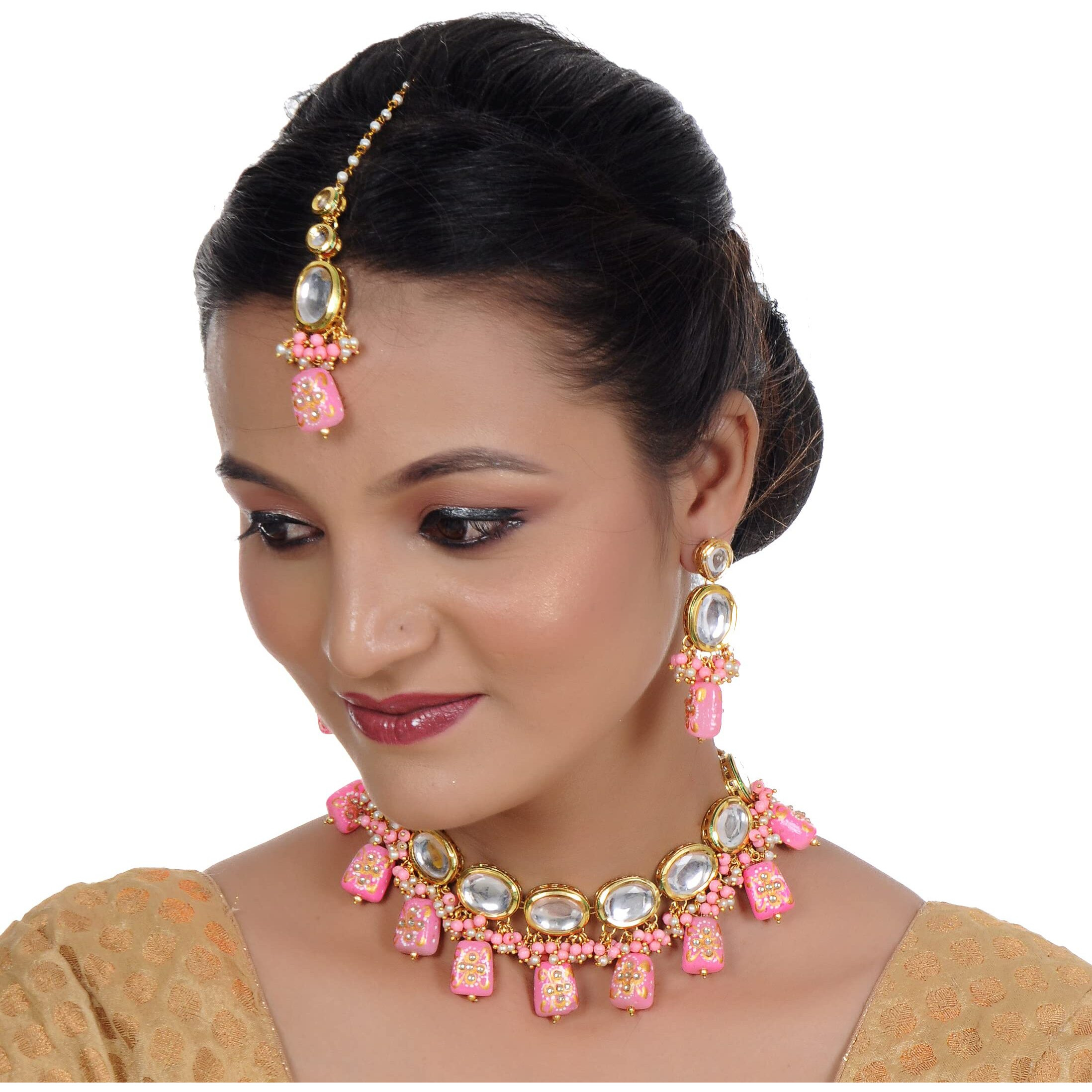 LUCKY JEWELLERY Back Meenakari 18k Gold Plated Pink Color Tika Earring Combo Jewellery Set Uncut Kundan Big Faux Kundan Dibbi Kundan Choker Necklace Set for Girls & Women