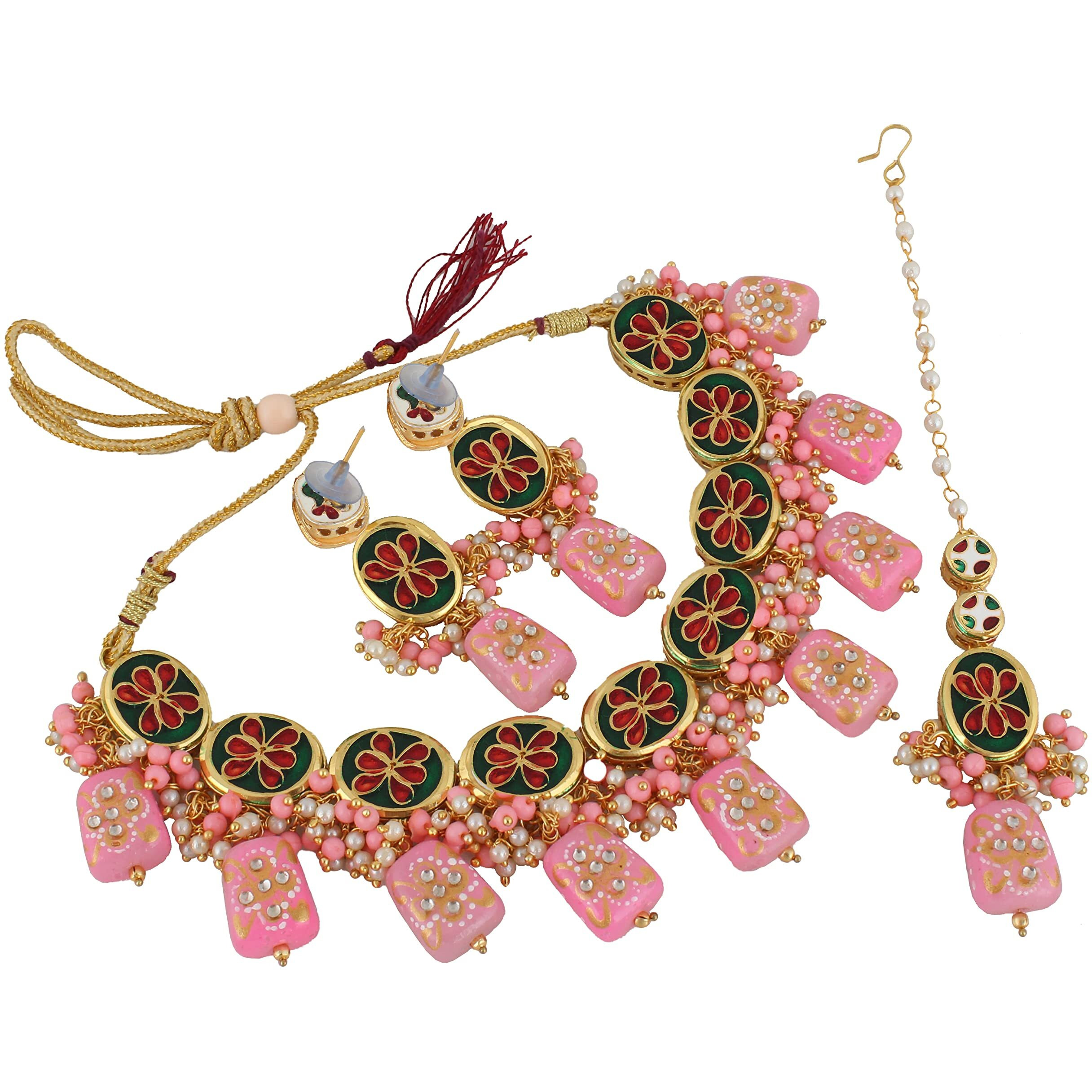 LUCKY JEWELLERY Back Meenakari 18k Gold Plated Pink Color Tika Earring Combo Jewellery Set Uncut Kundan Big Faux Kundan Dibbi Kundan Choker Necklace Set for Girls & Women