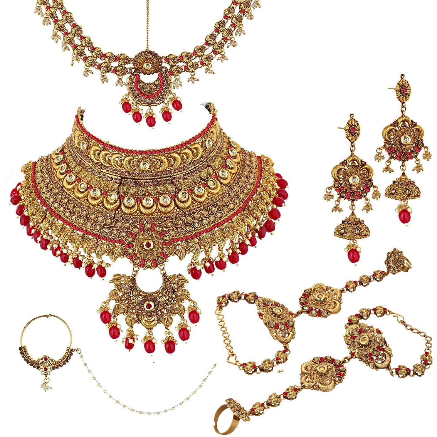 Lucky Jewellery Alloy Gold Plated Red Jewellery Set for Women (3960-P3ZR-236SM-LCT-RED)