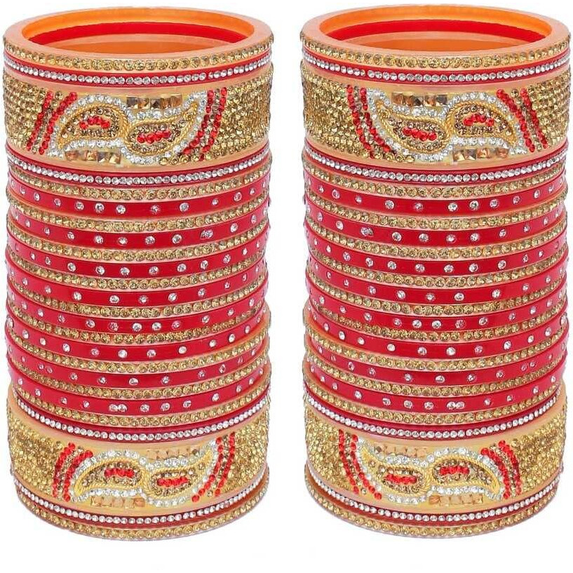 Lucky Jewellery Bridal Bangle Set Golden White & Red Stone Chuda, Wedding punjabi Choora Fashion Chura Set for Women (1188-M1C1-723-R26)