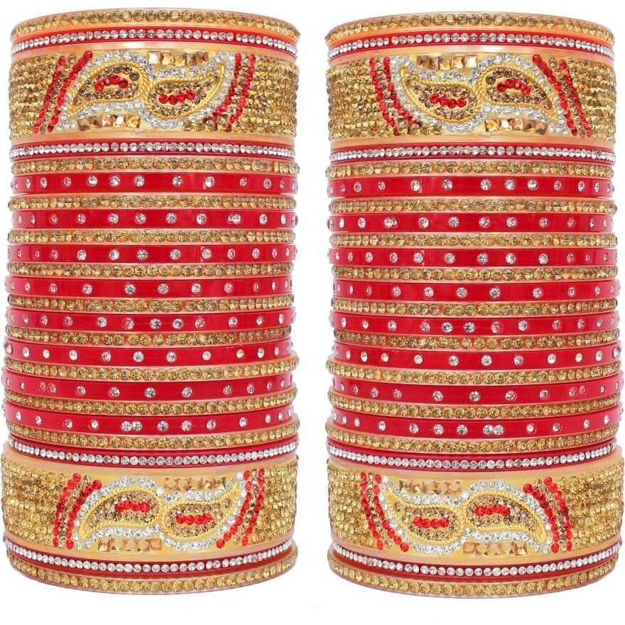 Lucky Jewellery Bridal Bangle Set Golden White & Red Stone Chuda, Wedding punjabi Choora Fashion Chura Set for Women (1188-M1C1-723-R26)