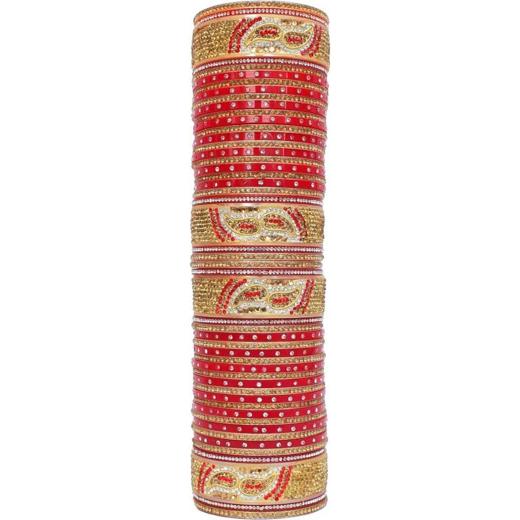 Lucky Jewellery Bridal Bangle Set Golden White & Red Stone Chuda, Wedding punjabi Choora Fashion Chura Set for Women (1188-M1C1-723-R26)