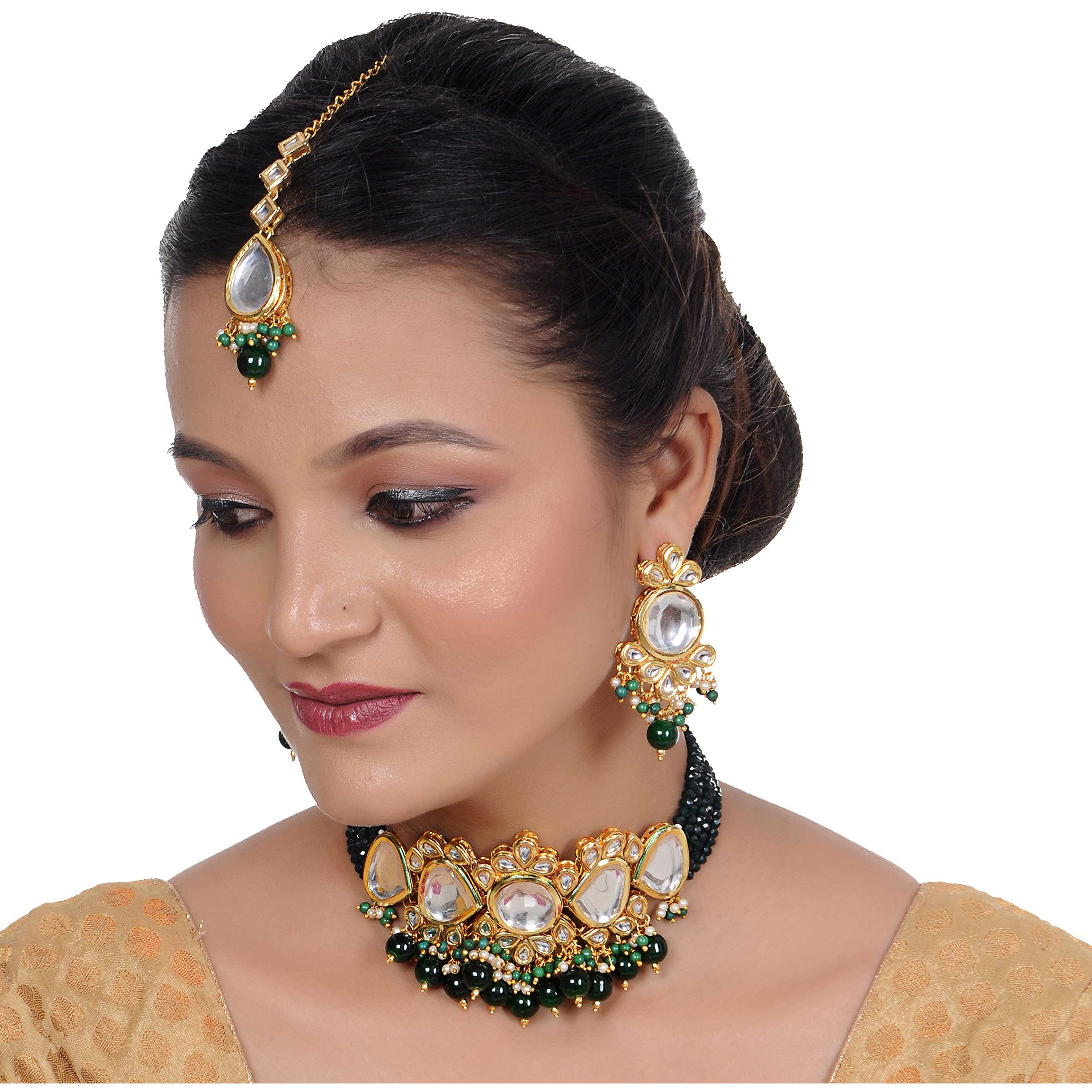 LUCKY JEWELLERY Back Meenakari 18k Gold Plated Green Color Tika Earring Combo Jewellery Set Uncut Kundan Big Faux Kundan Dibbi Kundan Choker Necklace Set for Girls & Women