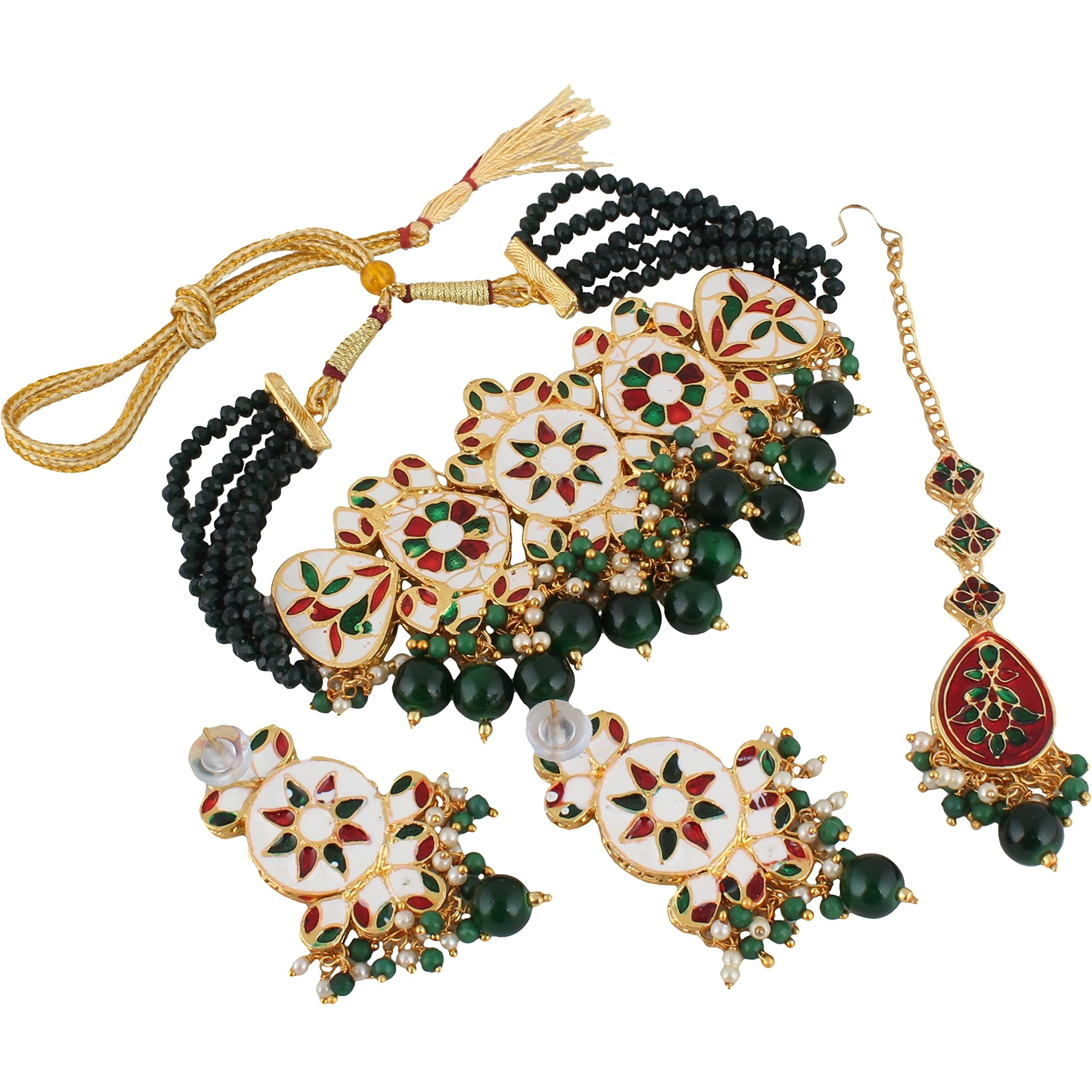LUCKY JEWELLERY Back Meenakari 18k Gold Plated Green Color Tika Earring Combo Jewellery Set Uncut Kundan Big Faux Kundan Dibbi Kundan Choker Necklace Set for Girls & Women