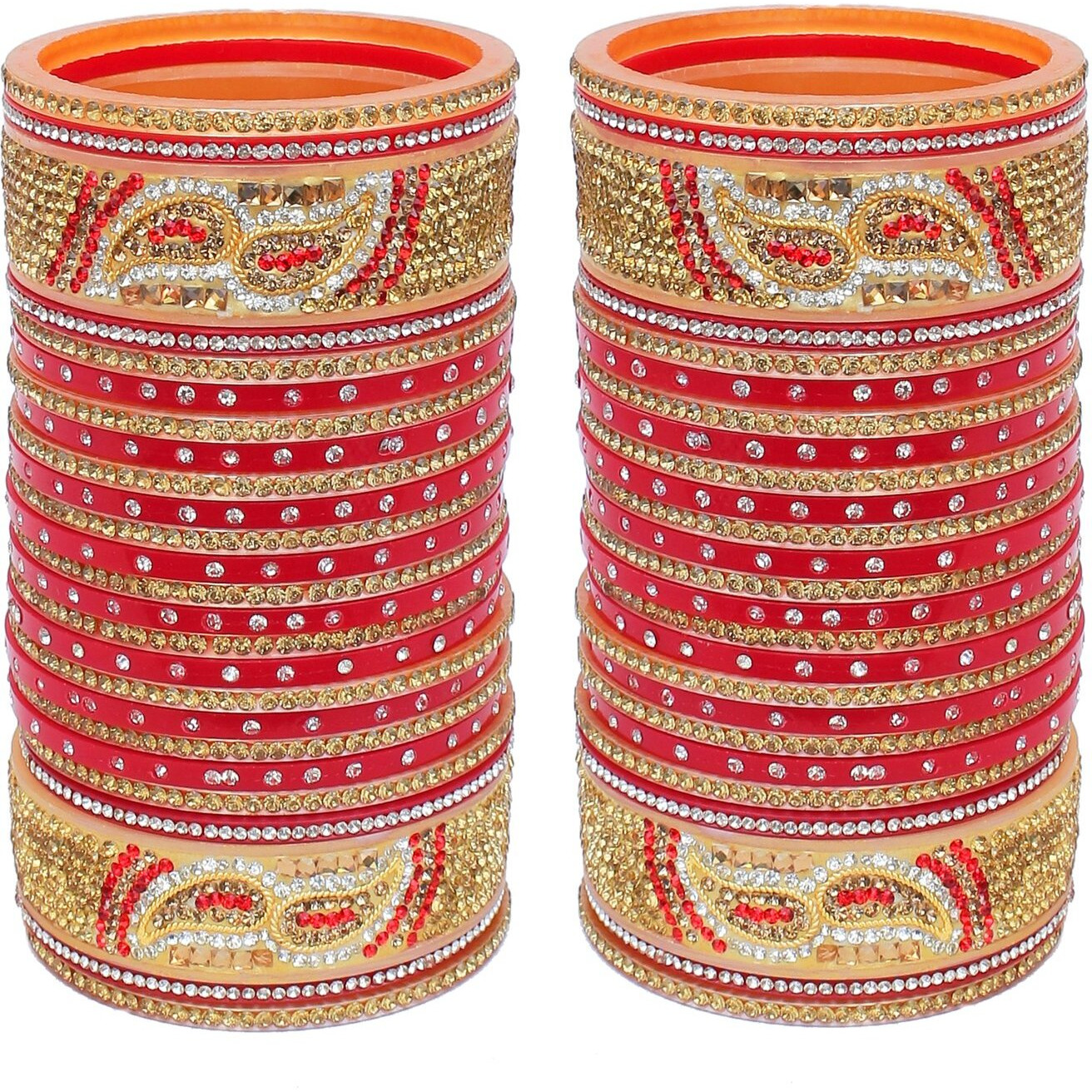 Lucky Jewellery Bridal Bangle Set Red Chura Golden White & Red Stone Choora Designer Chuda For Women (1188-M1C1-723-R22)