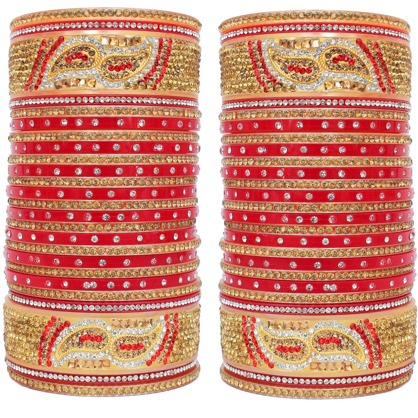 Lucky Jewellery Bridal Bangle Set Red Chura Golden White & Red Stone Choora Designer Chuda For Women (1188-M1C1-723-R22)