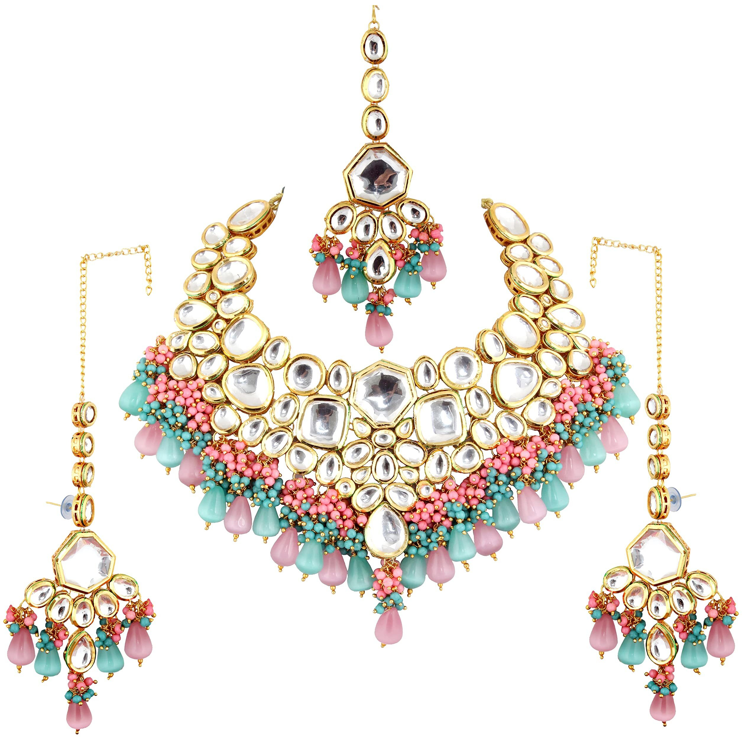 Lucky Jewellery Meenakari 18K Gold plated Multi color Uncut dibbi Kundan Combo Necklace Set