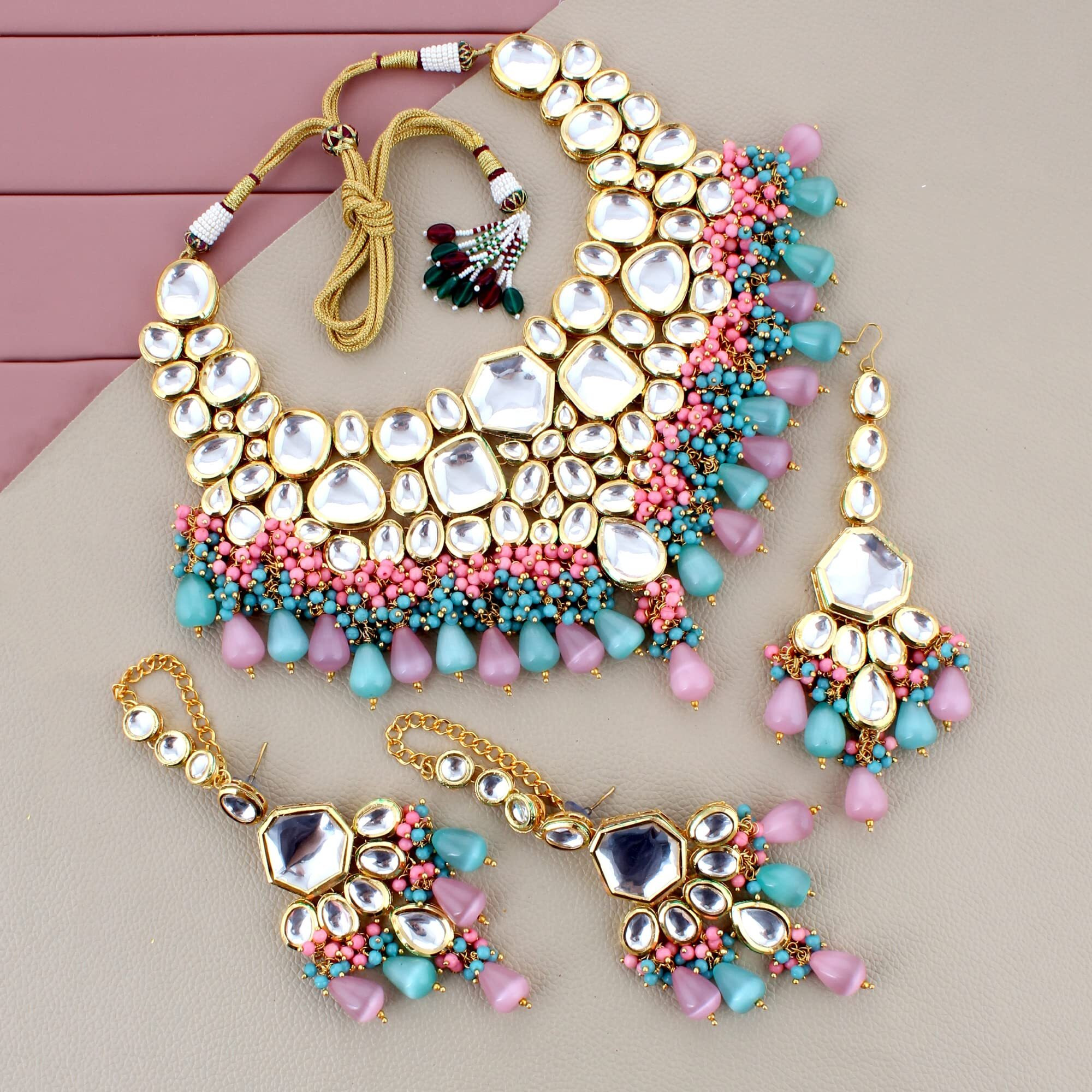 Lucky Jewellery Meenakari 18K Gold plated Multi color Uncut dibbi Kundan Combo Necklace Set