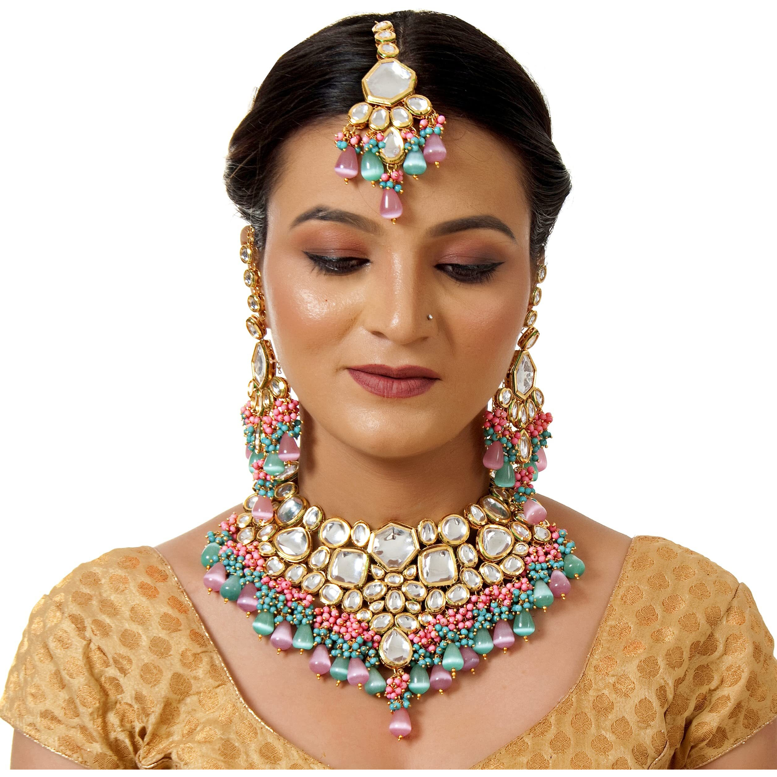 Lucky Jewellery Meenakari 18K Gold plated Multi color Uncut dibbi Kundan Combo Necklace Set