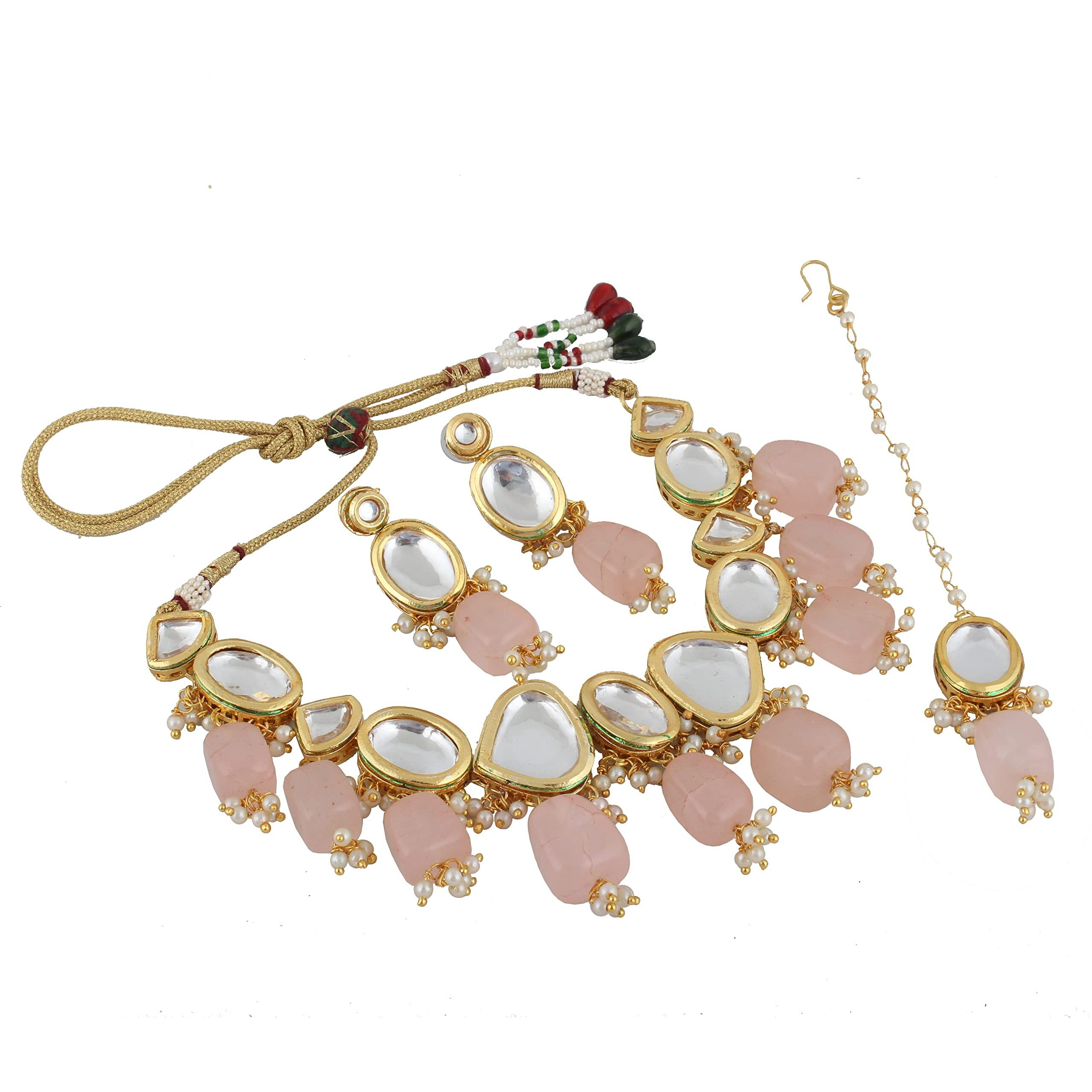 LUCKY JEWELLERY Back Meenakari 18k Gold Plated Pink Color Tika Earring Combo Jewellery Set Uncut Kundan Big Faux Kundan Dibbi Kundan Choker Necklace Set for Girls & Women