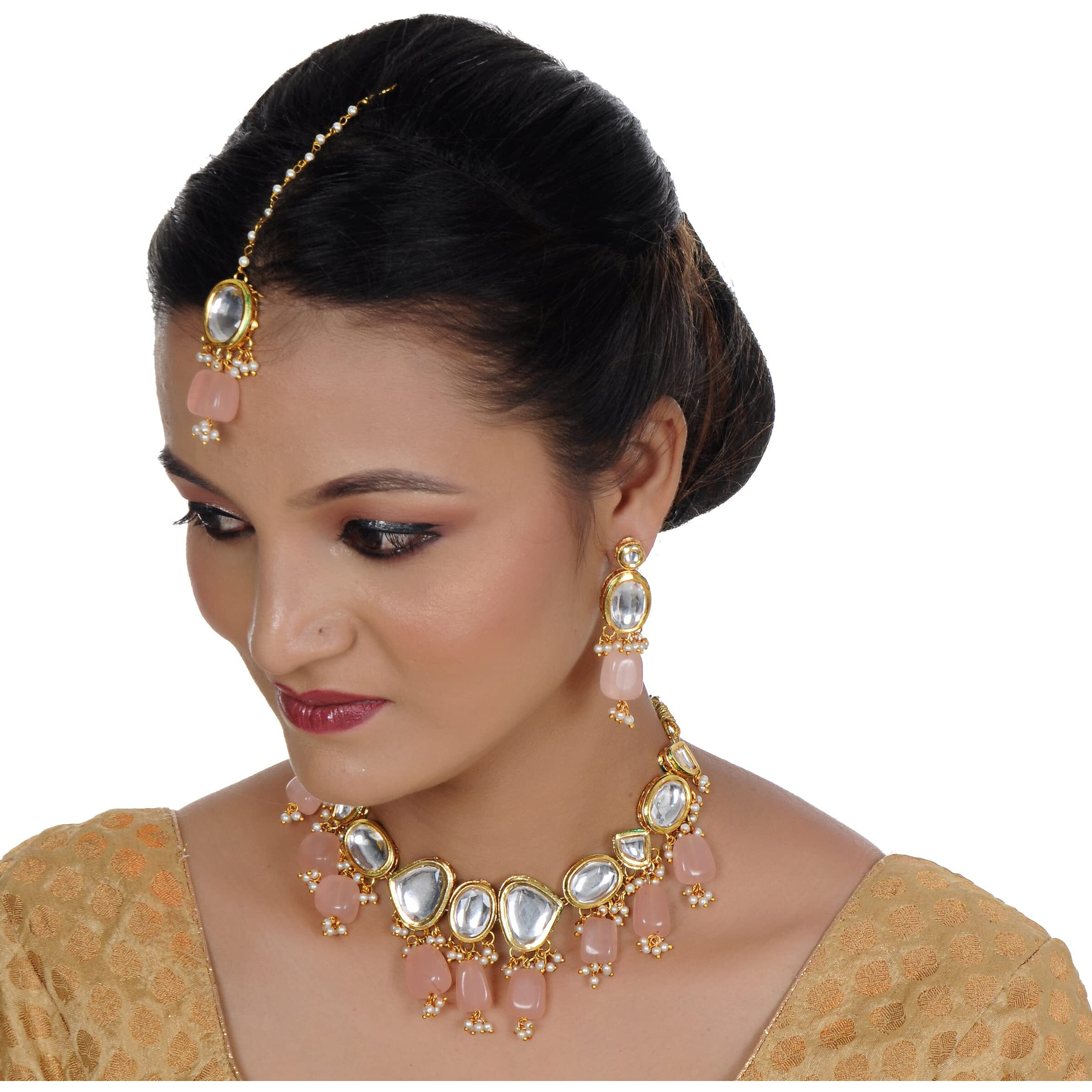LUCKY JEWELLERY Back Meenakari 18k Gold Plated Pink Color Tika Earring Combo Jewellery Set Uncut Kundan Big Faux Kundan Dibbi Kundan Choker Necklace Set for Girls & Women