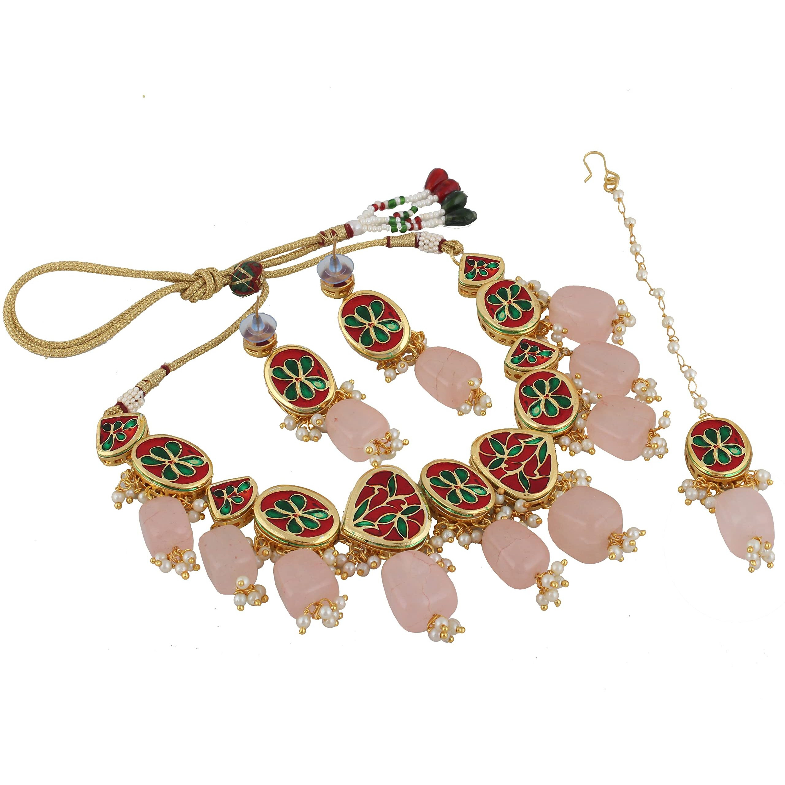 LUCKY JEWELLERY Back Meenakari 18k Gold Plated Pink Color Tika Earring Combo Jewellery Set Uncut Kundan Big Faux Kundan Dibbi Kundan Choker Necklace Set for Girls & Women