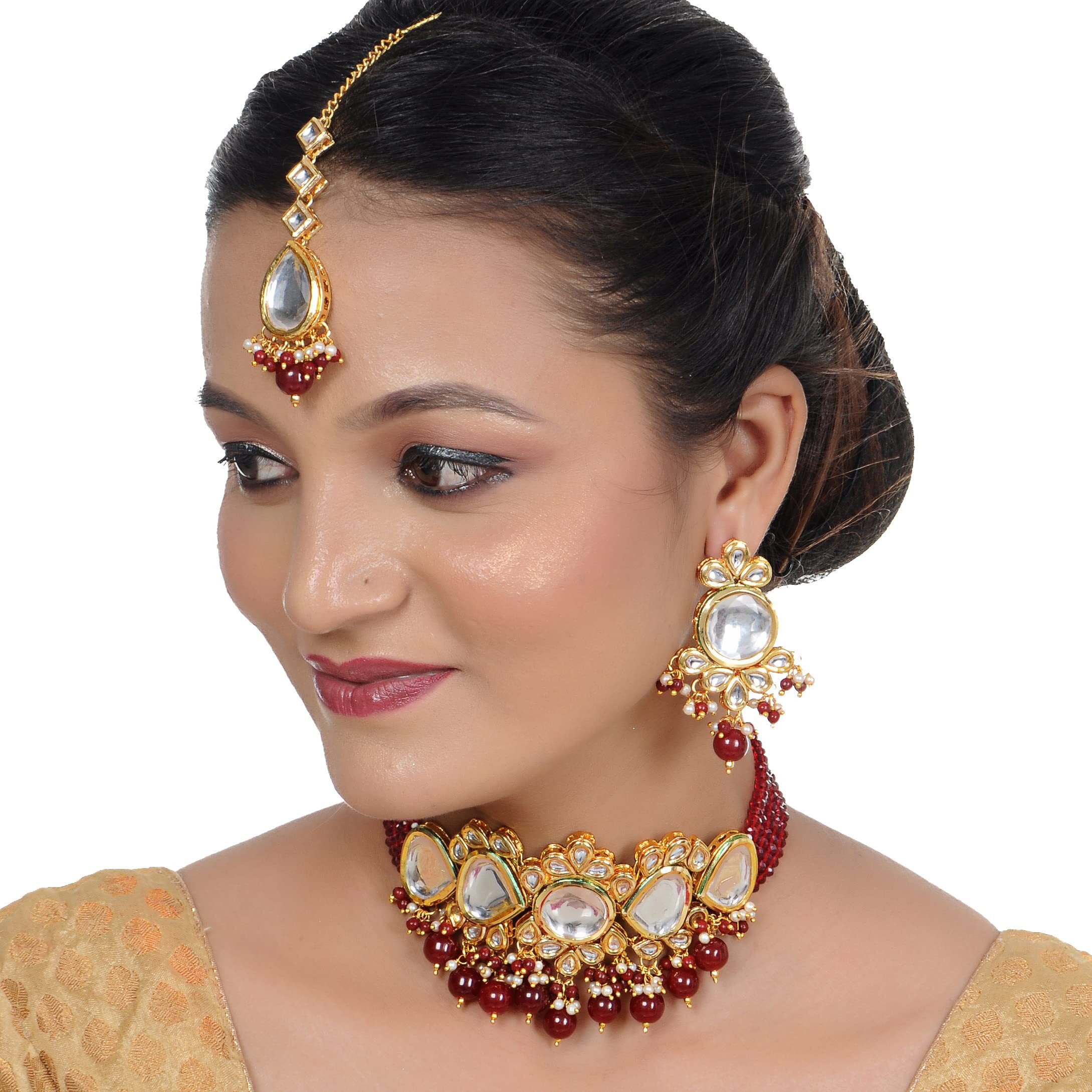LUCKY JEWELLERY Back Meenakari 18k Gold Plated Maroon Color Tika Earring Combo Jewellery Set Uncut Kundan Big Faux Kundan Dibbi Kundan Choker Necklace Set for Girls & Women