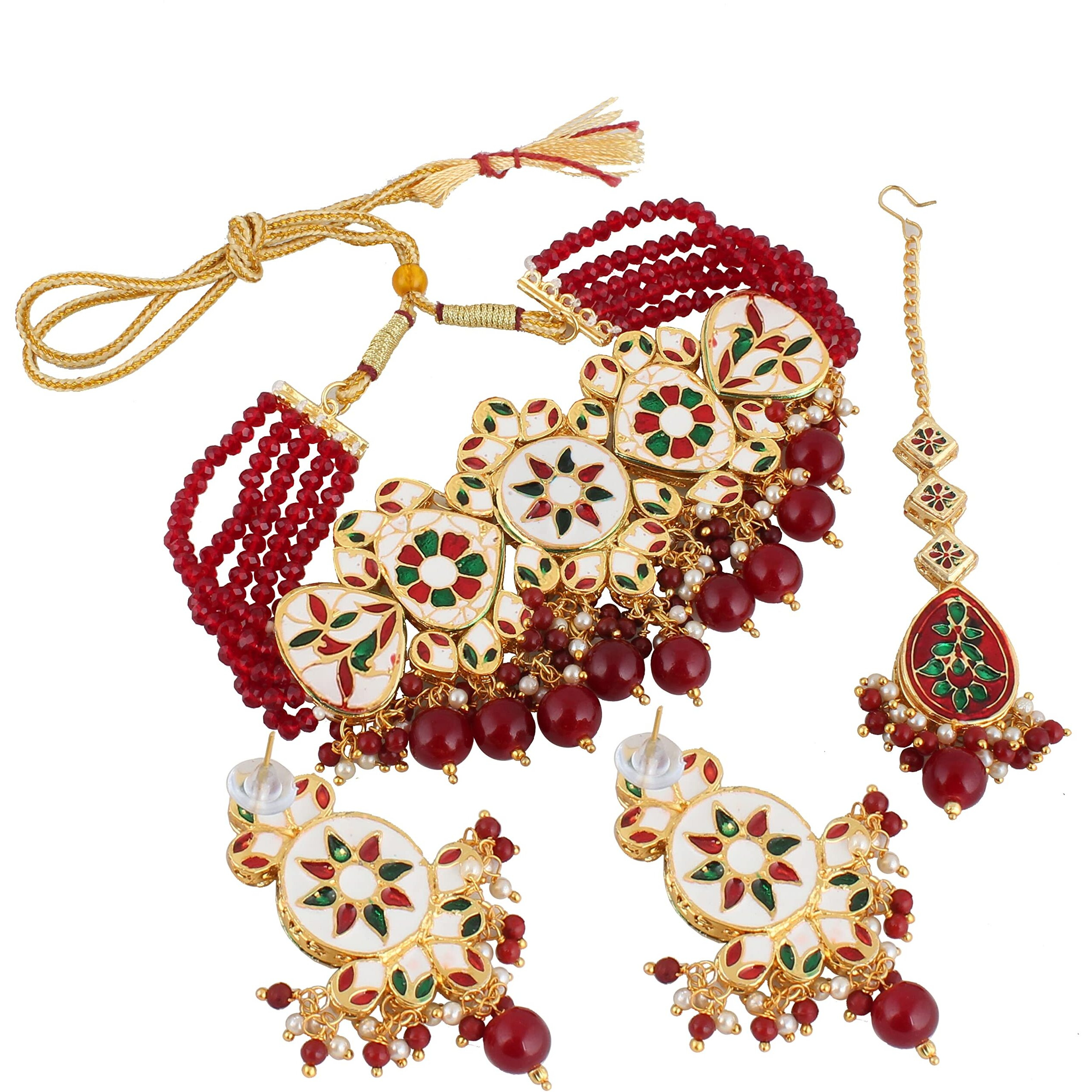 LUCKY JEWELLERY Back Meenakari 18k Gold Plated Maroon Color Tika Earring Combo Jewellery Set Uncut Kundan Big Faux Kundan Dibbi Kundan Choker Necklace Set for Girls & Women