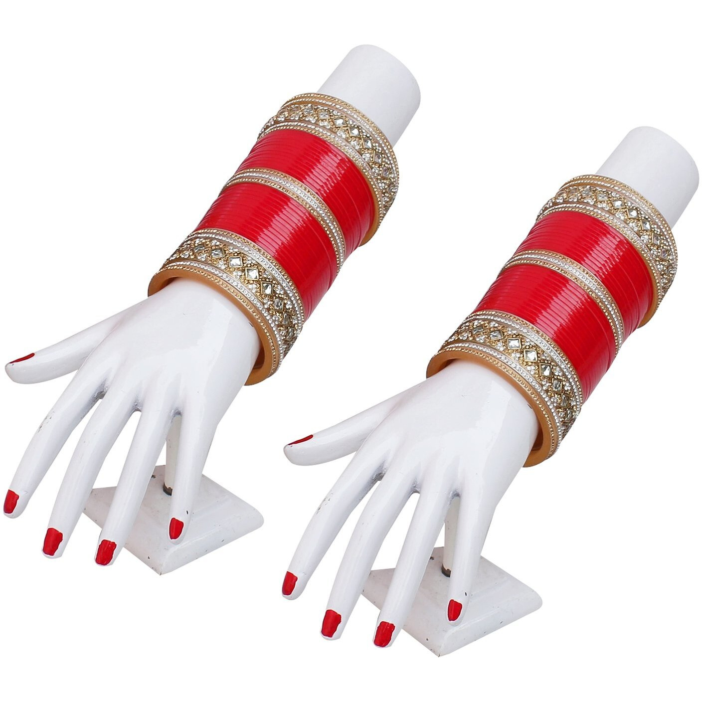 Lucky Jewellery Bridal Bangle Set Red Dulhan Punjabi Choora Designer Wedding Chuda Stone Fashion Chura Set (1419-G1C1-1015-R22)