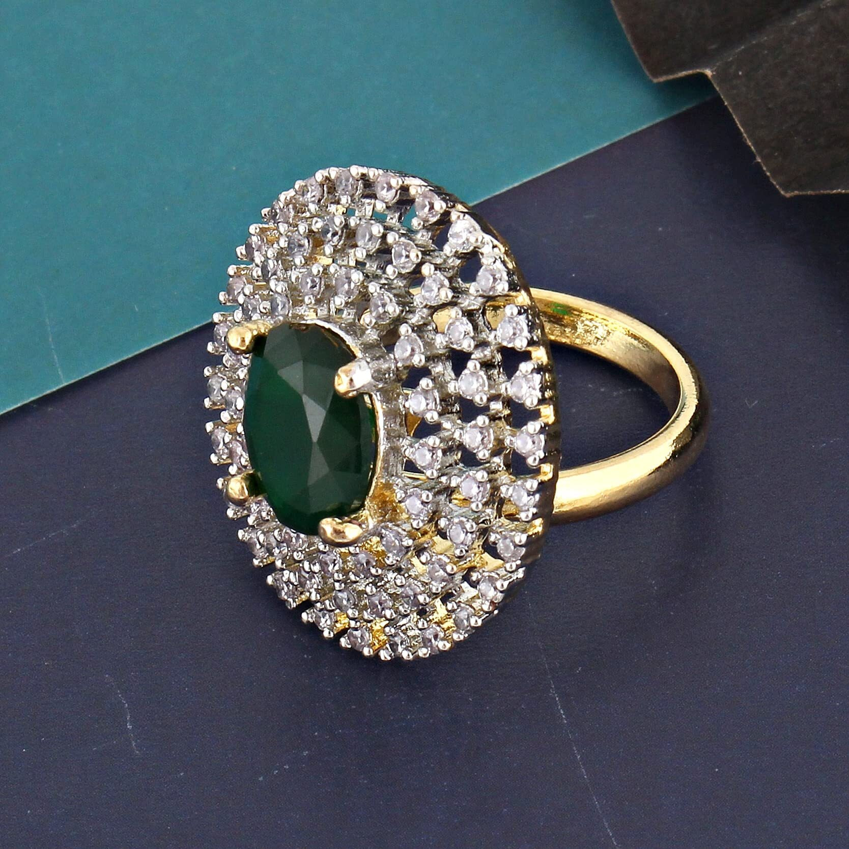 Lucky Jewellery 18K Gold Plated American Diamond Green Color Ring/Finger Ring For Girls & Women (132-U4FA-1259-G)