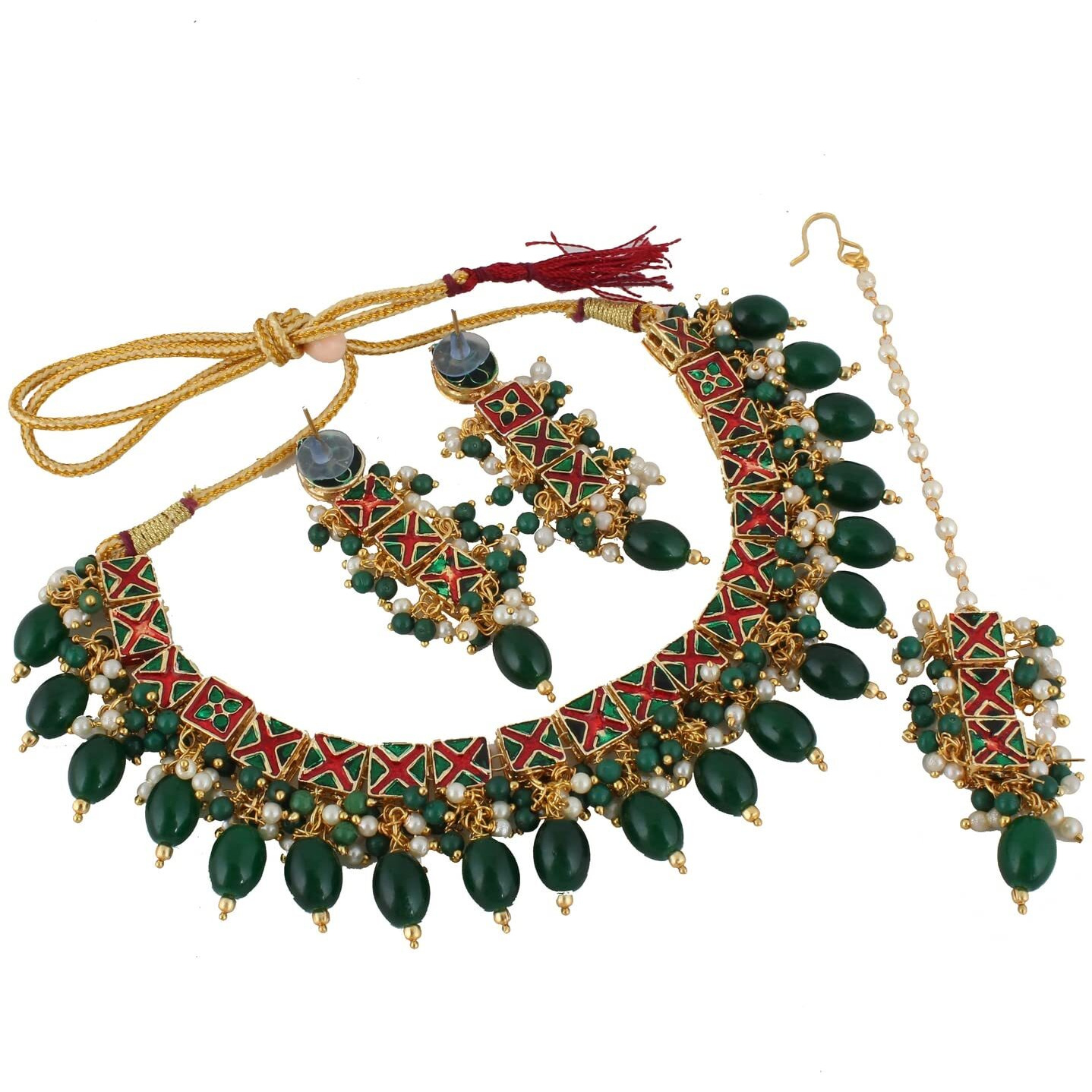 Lucky Jewellery Designer Green Color Beads Gold Plating Kundan Necklace Set for Girls & Women (660-J5SK-1664-G)