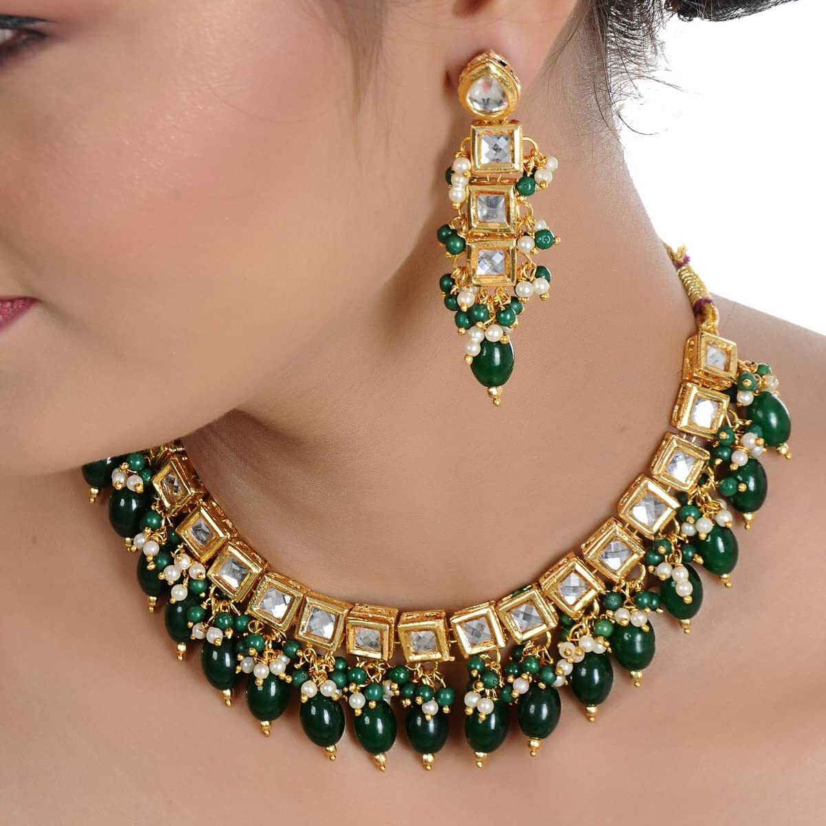 Lucky Jewellery Designer Green Color Beads Gold Plating Kundan Necklace Set for Girls & Women (660-J5SK-1664-G)