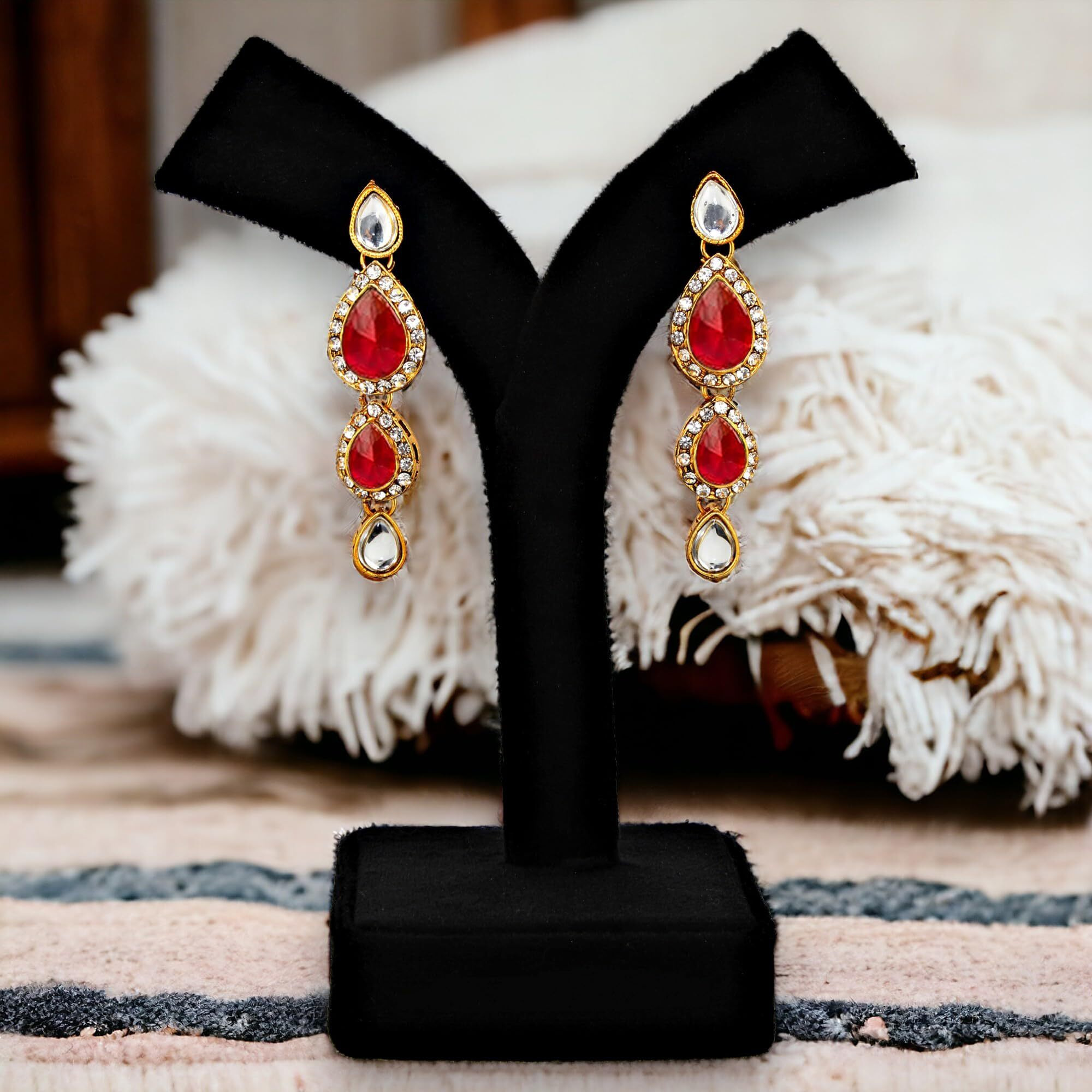 Lucky Jewellery Traditional Red Color Gold Plated Kundan Necklace Set For Girls & Women (MSK-3-LINE-RED)