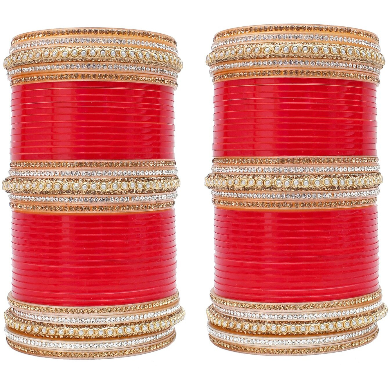 Lucky Jewellery Bridal Bangle Set Designer Red Chuda Golden and White Stone Chura Wedding Choora for Women (1254-G1C1-1016-R24)