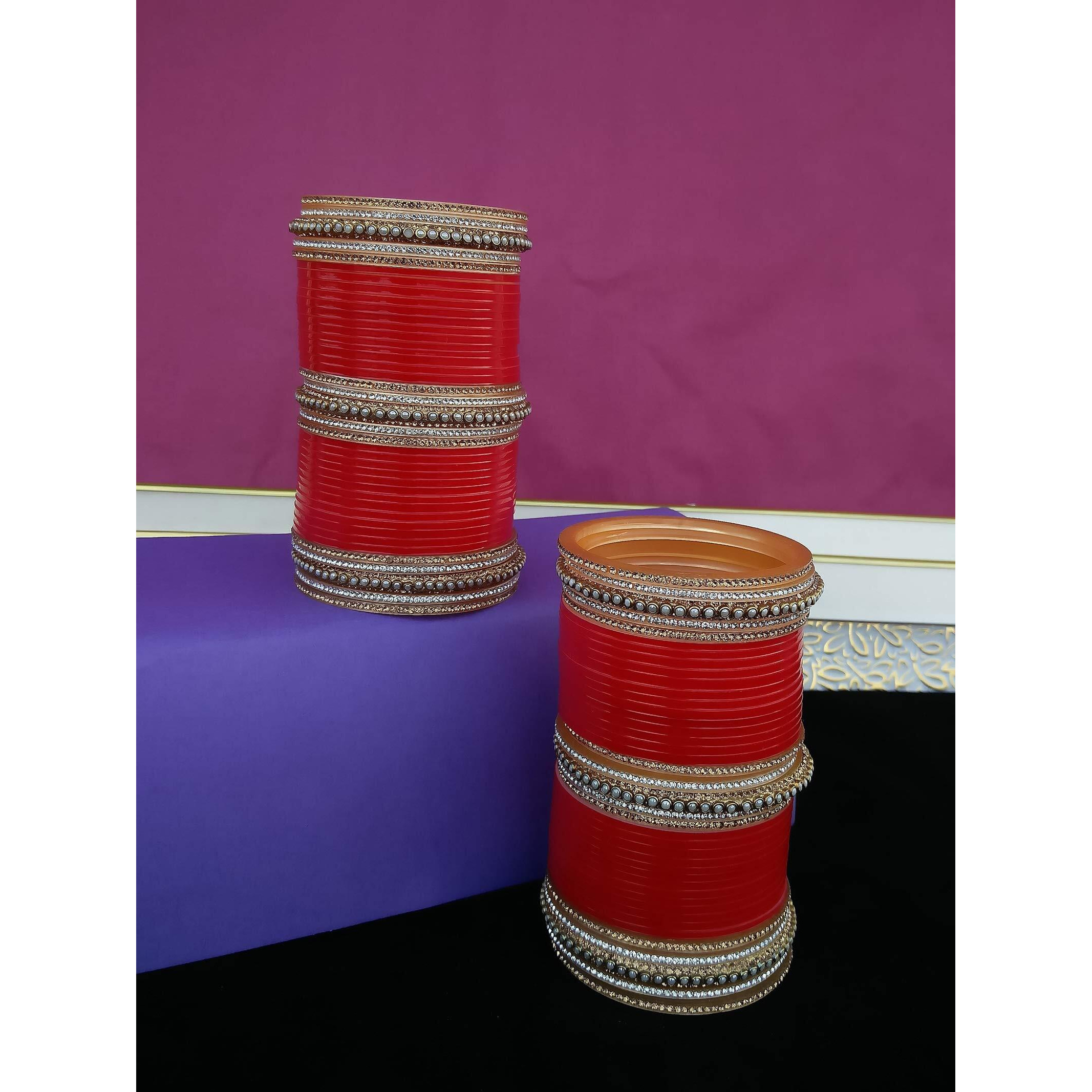 Lucky Jewellery Bridal Bangle Set Designer Red Chuda Golden and White Stone Chura Wedding Choora for Women (1254-G1C1-1016-R210)