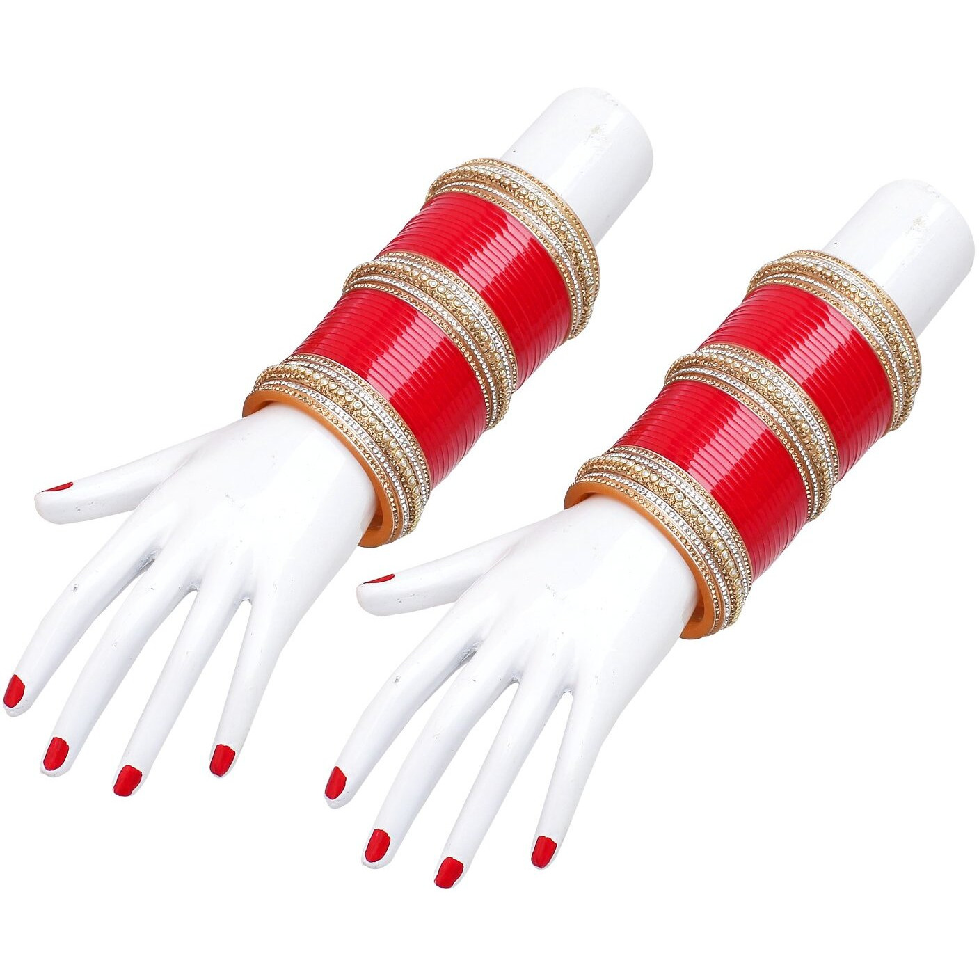 Lucky Jewellery Bridal Bangle Set Designer Red Chuda Golden and White Stone Chura Wedding Choora for Women (1254-G1C1-1016-R210)