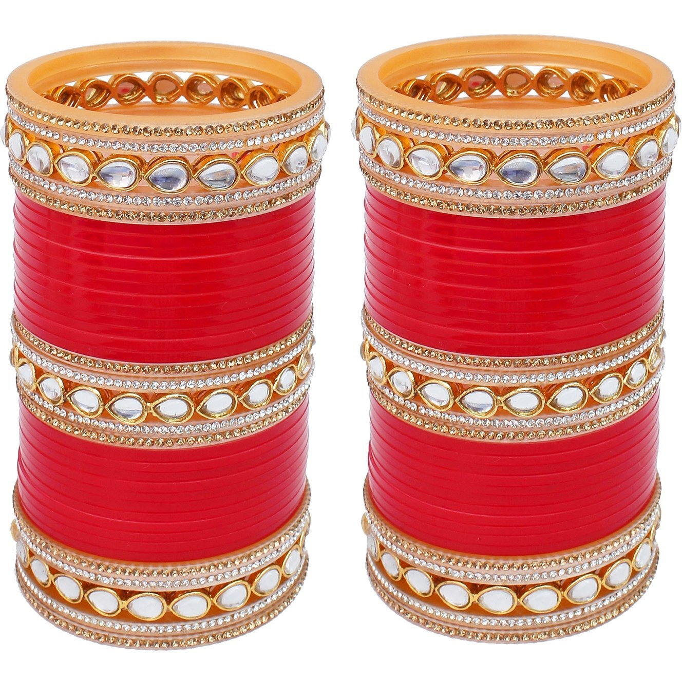 Lucky Jewellery Bridal Bangle Set Chura Red White Kundan & Golden Stone Choora Wedding Punjabi Chuda for Women (1848-G1C1-1013-R28)
