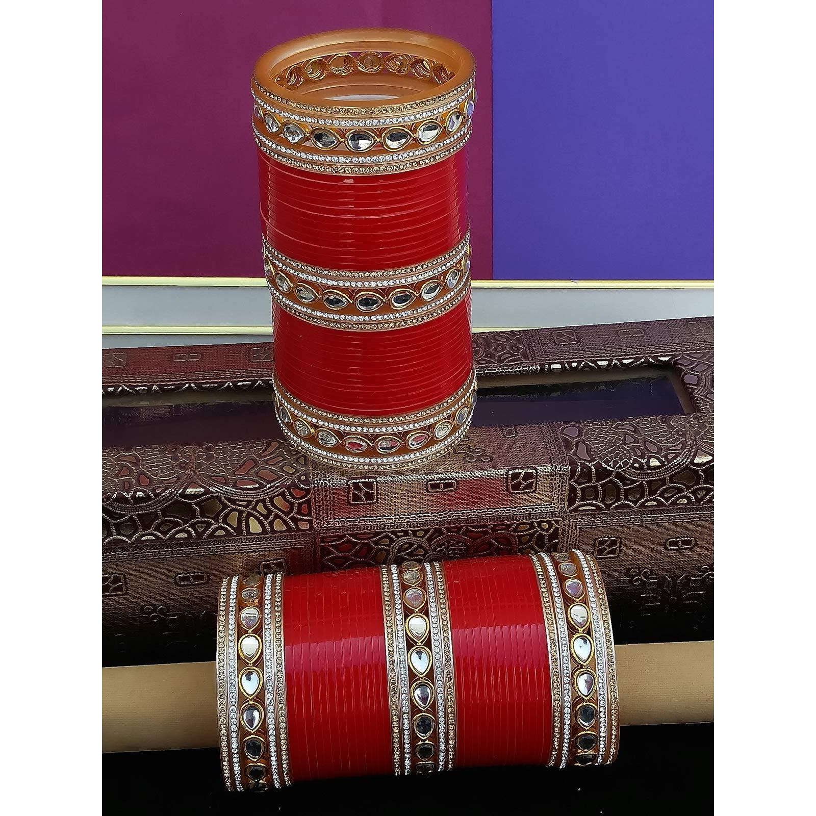 Lucky Jewellery Bridal Bangle Set Chura Red White Kundan & Golden Stone Choora Wedding Punjabi Chuda for Women (1848-G1C1-1013-R28)