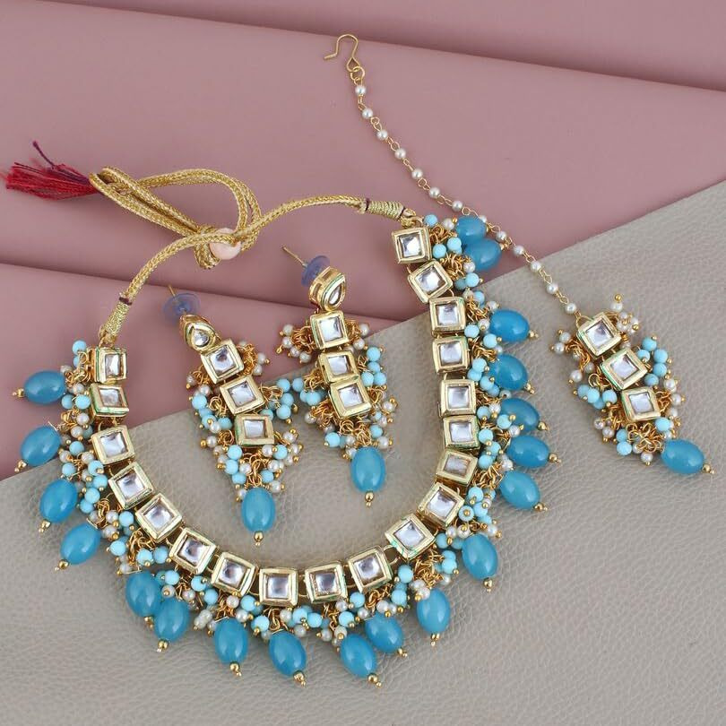 LUCKY JEWELLERY Back Meenakari 18k Gold Plated Turquoise Blue Color Square Shape Tika Earring Combo Jewellery Set Uncut Kundan Big Kundan Dibbi Kundan Choker Necklace Set for Girls & Women