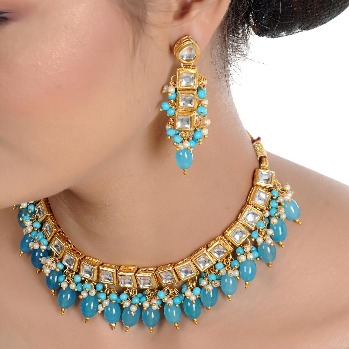 LUCKY JEWELLERY Back Meenakari 18k Gold Plated Turquoise Blue Color Square Shape Tika Earring Combo Jewellery Set Uncut Kundan Big Kundan Dibbi Kundan Choker Necklace Set for Girls & Women