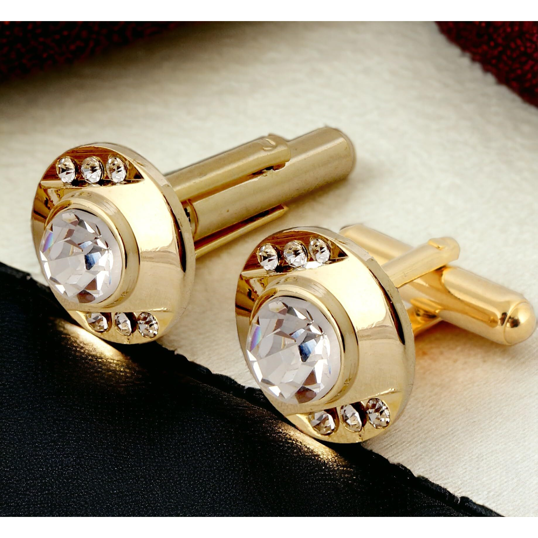 Lucky Jewellery Unique Men Jewelry White Color Stone Gold Plated Sleeve Button Formal Cuff Button Wedding Shirt Button, Suit, Blazer Cufflinks Pair Gift Set For Men (218-M4C4-STGM40)