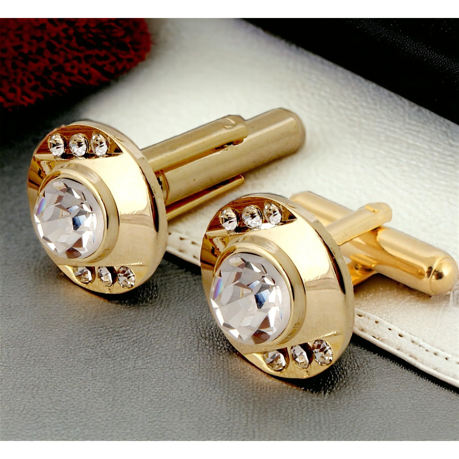 Lucky Jewellery Unique Men Jewelry White Color Stone Gold Plated Sleeve Button Formal Cuff Button Wedding Shirt Button, Suit, Blazer Cufflinks Pair Gift Set For Men (218-M4C4-STGM40)