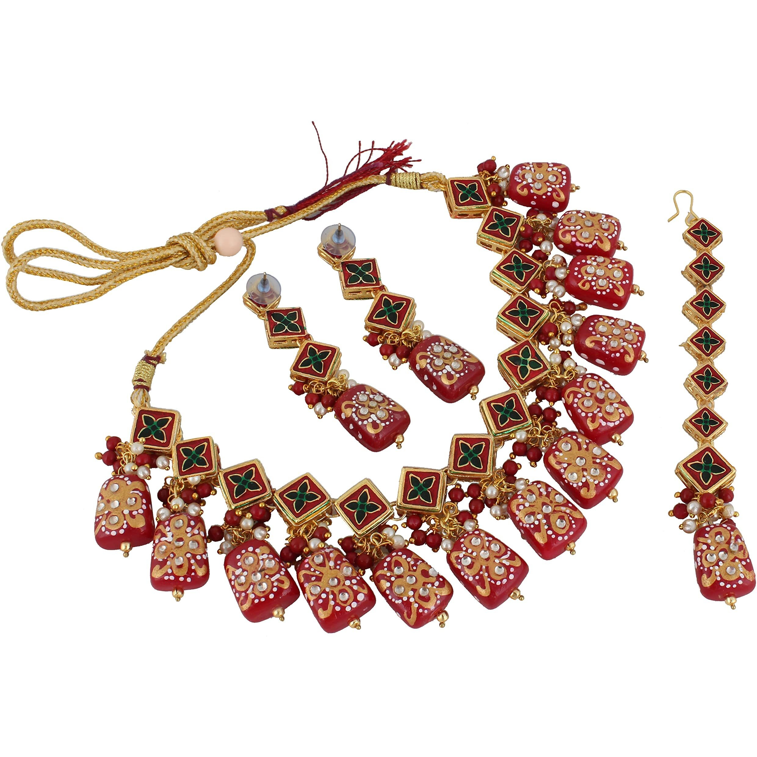 LUCKY JEWELLERY Back Meenakari 18k Gold Plated Maroon Color Square Shape Tika Earring Combo Jewellery Set Uncut Kundan Big Faux Kundan Dibbi Kundan Choker Necklace Set for Girls & Women