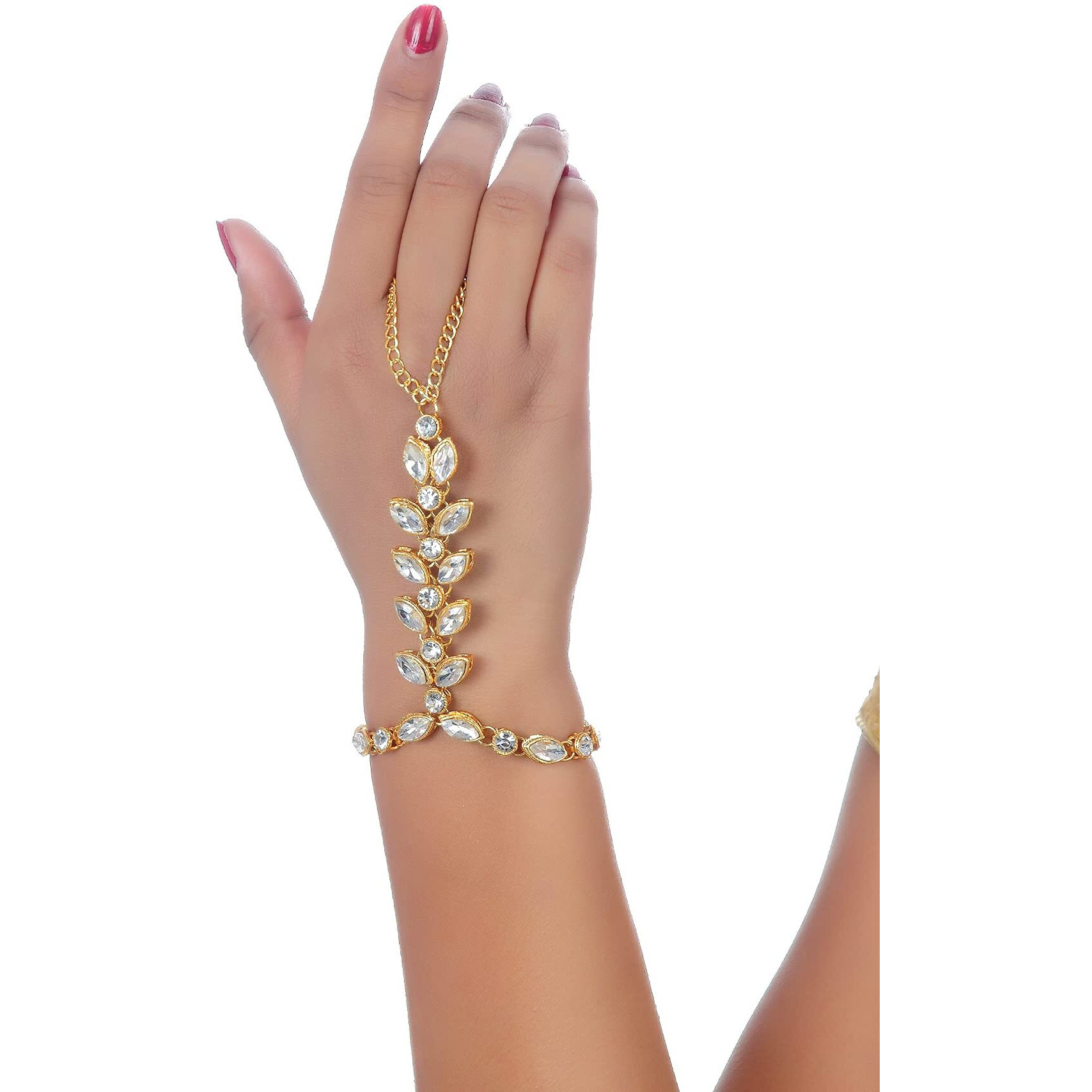 Lucky Jewellery Elegant White Color Gold Plated Finger Ring Bracelet Hand Harness Hathphool For Girls & Women