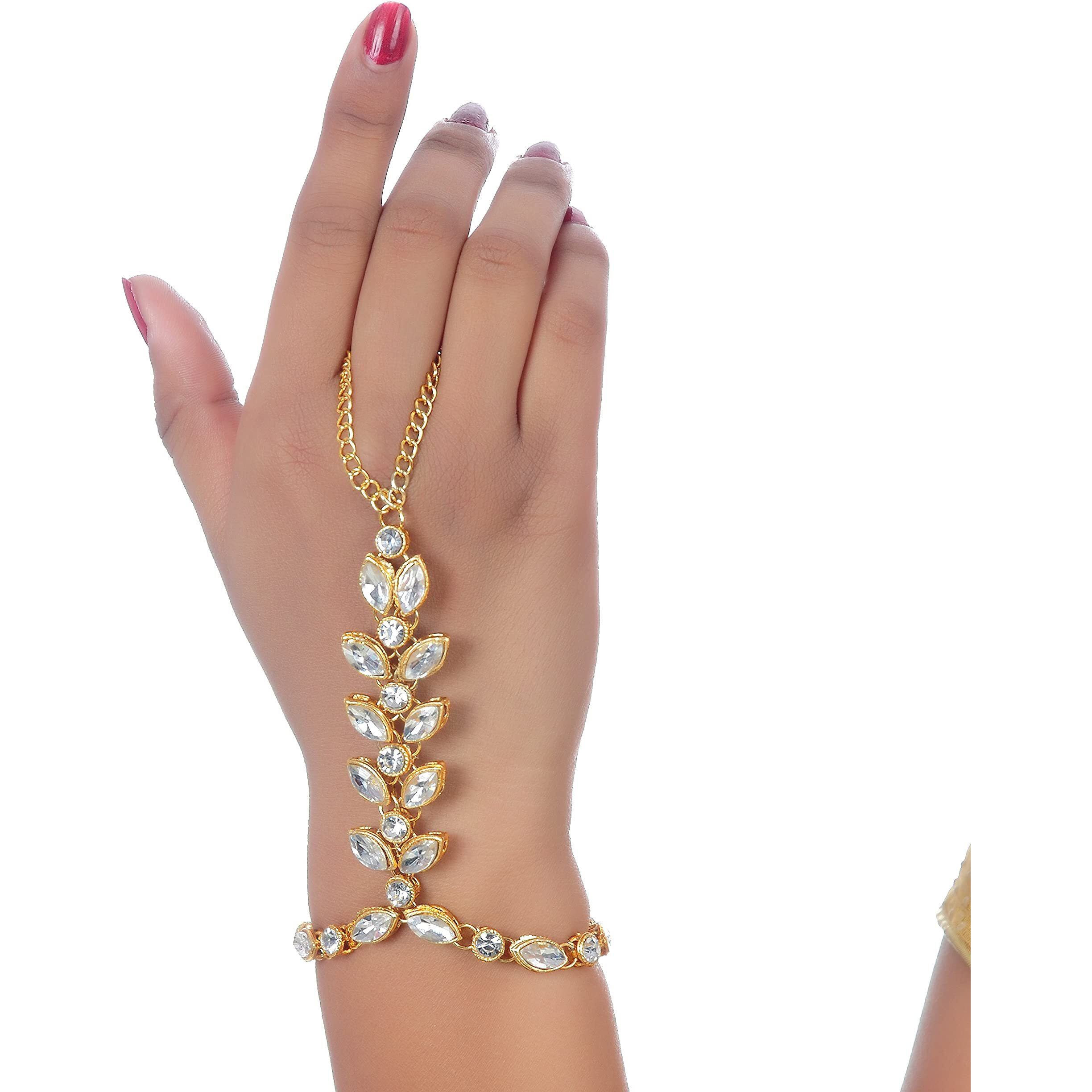 Lucky Jewellery Elegant White Color Gold Plated Finger Ring Bracelet Hand Harness Hathphool For Girls & Women
