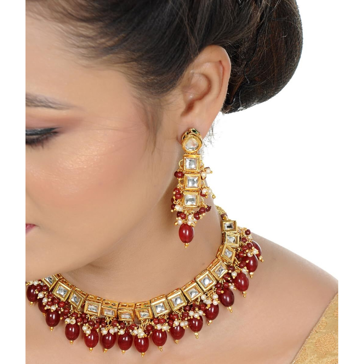 LUCKY JEWELLERY Back Meenakari 18k Gold Plated Maroon Color Square Shape Tika Earring Combo Jewellery Set Uncut Kundan Big Faux Kundan Dibbi Kundan Choker Necklace Set for Girls & Women