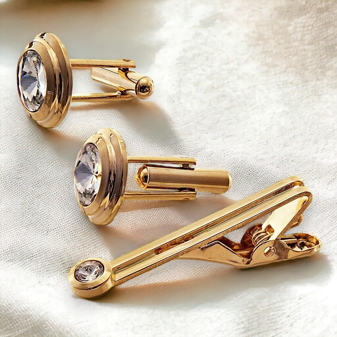 Lucky Jewellery Unique Men Jewelry White Stone Gold Plated Sleeve Button Formal Cuff Button Wedding Shirt Button, Suit, Blazer Cufflinks with Matching Tie Pin Gift Set for Men (307-M4C5-CR10MMT-W)