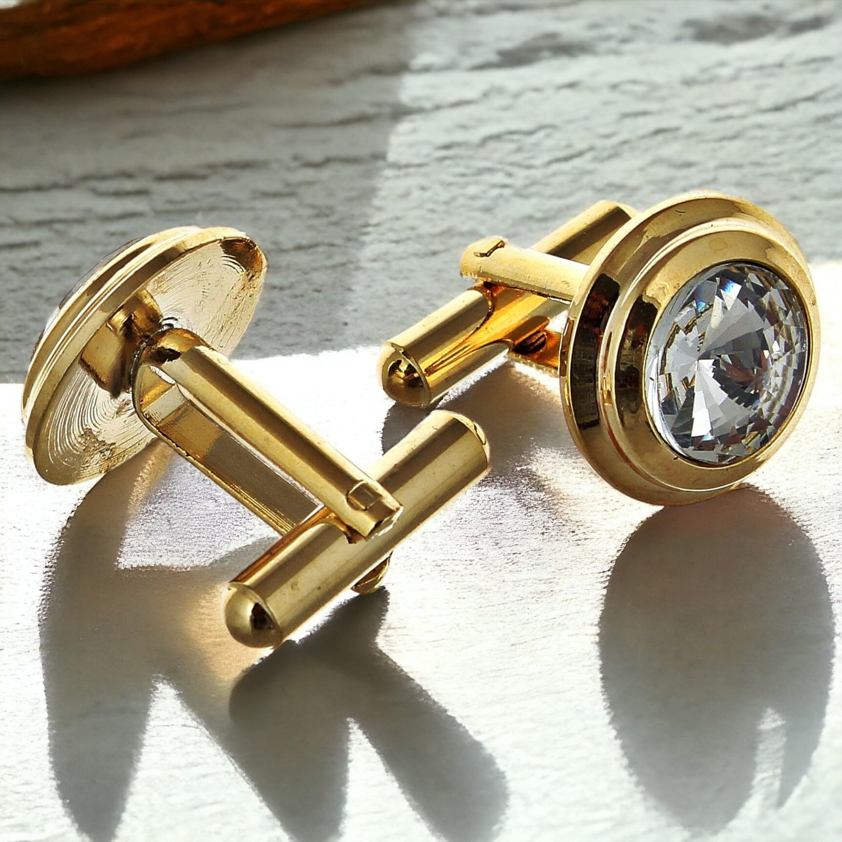 Lucky Jewellery Unique Men Jewelry White Stone Gold Plated Sleeve Button Formal Cuff Button Wedding Shirt Button, Suit, Blazer Cufflinks with Matching Tie Pin Gift Set for Men (307-M4C5-CR10MMT-W)