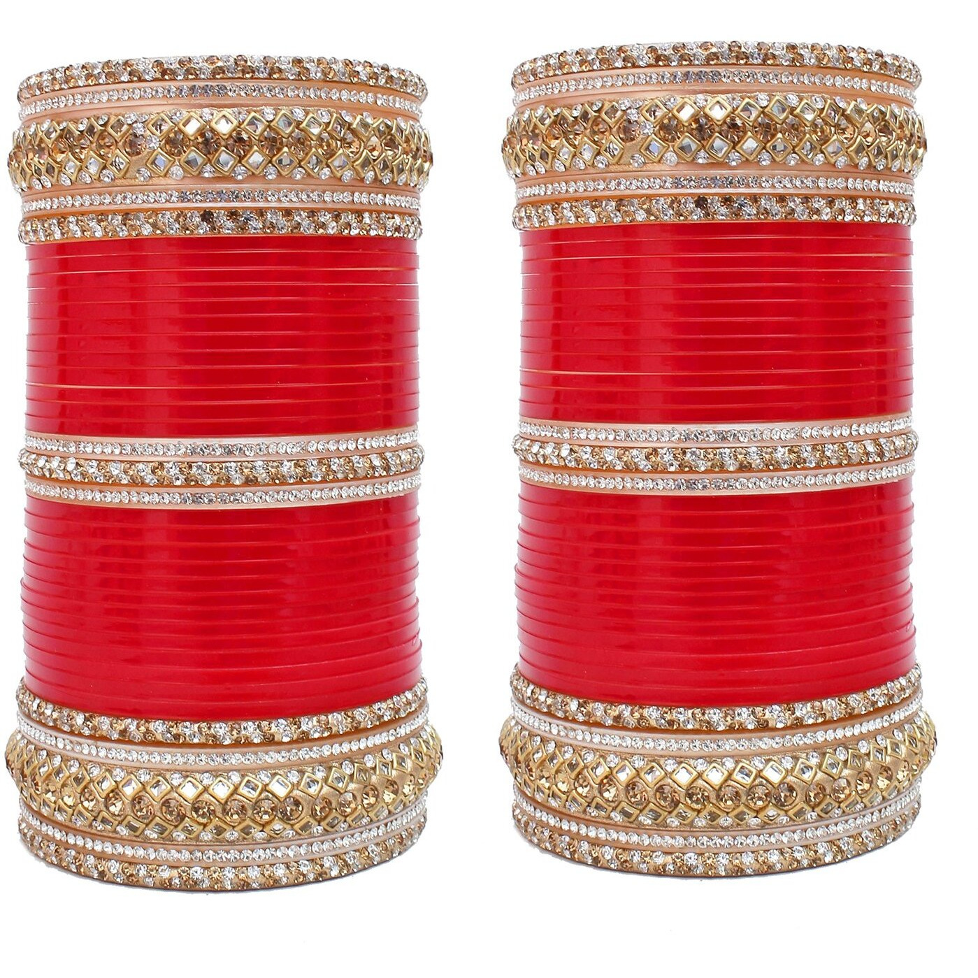 Lucky Jewellery Bridal Bangle Set Red and White Kundan Golden Stone Chuda Punjabi Wedding Chura Dulhan Choora For Women (1881-G1C1-1007-R26)