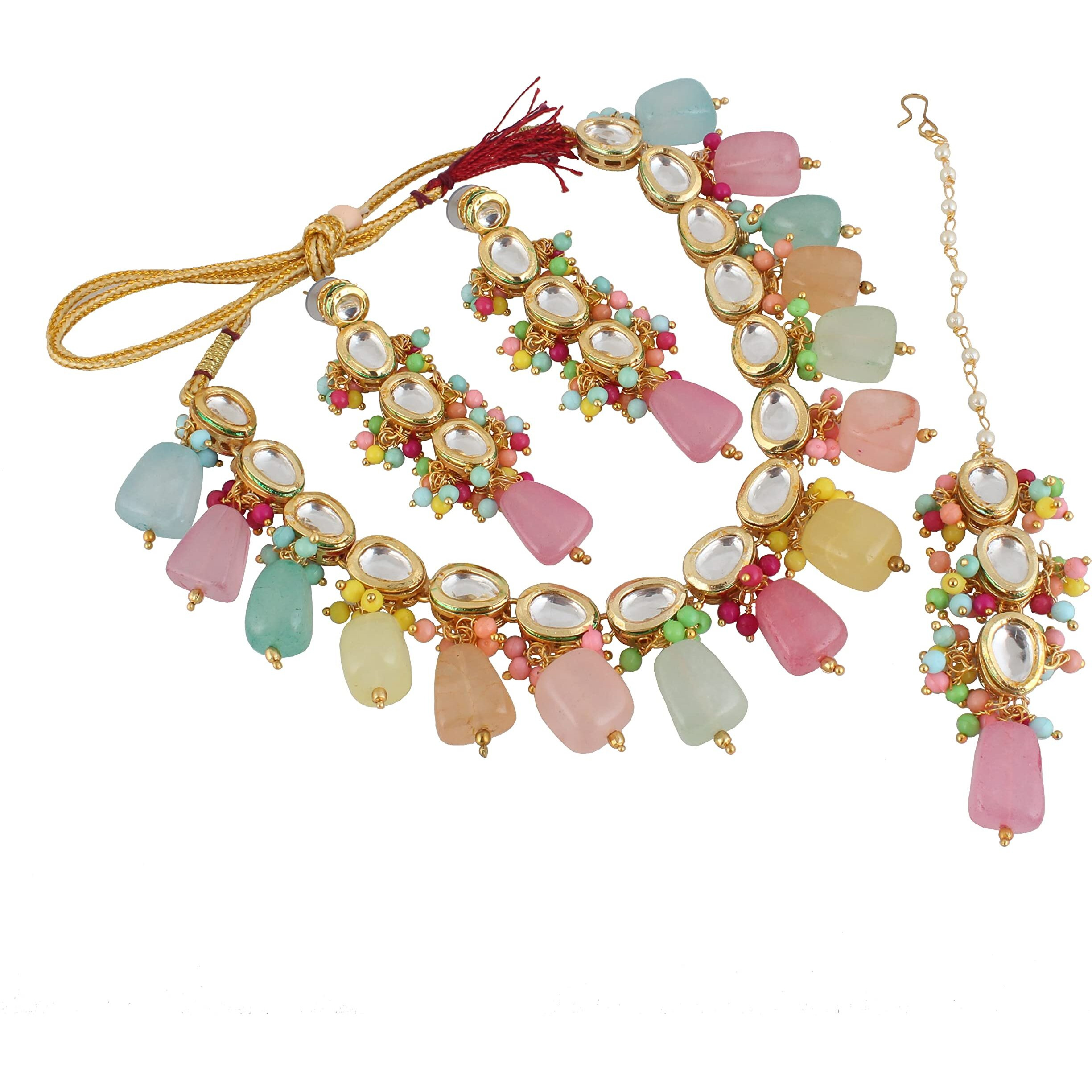 LUCKY JEWELLERY Back Meenakari 18k Gold Plated Multicolor Tika Earring Combo Jewellery Set Uncut Kundan Big Faux Kundan Dibbi Kundan Choker Necklace Set for Girls & Women
