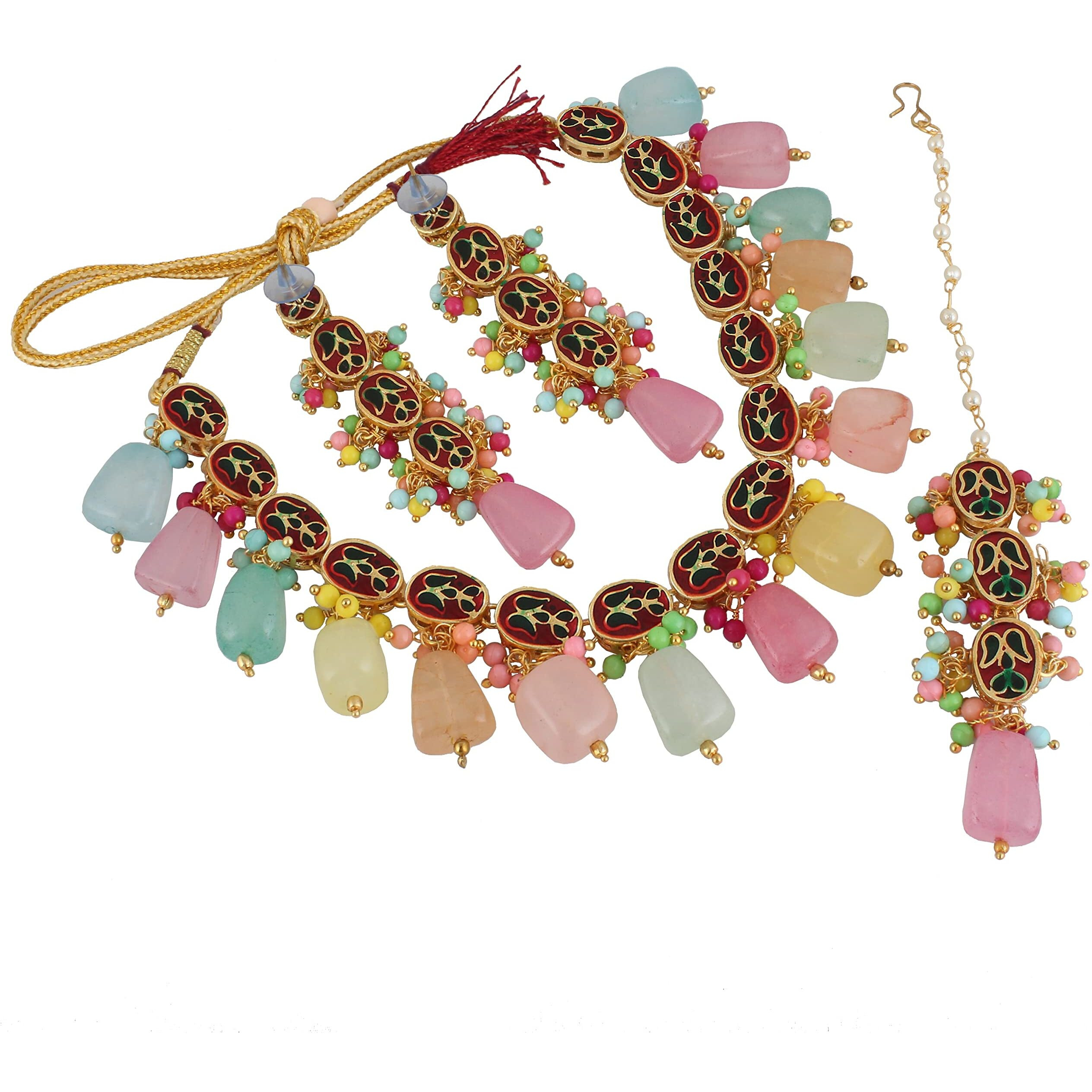 LUCKY JEWELLERY Back Meenakari 18k Gold Plated Multicolor Tika Earring Combo Jewellery Set Uncut Kundan Big Faux Kundan Dibbi Kundan Choker Necklace Set for Girls & Women