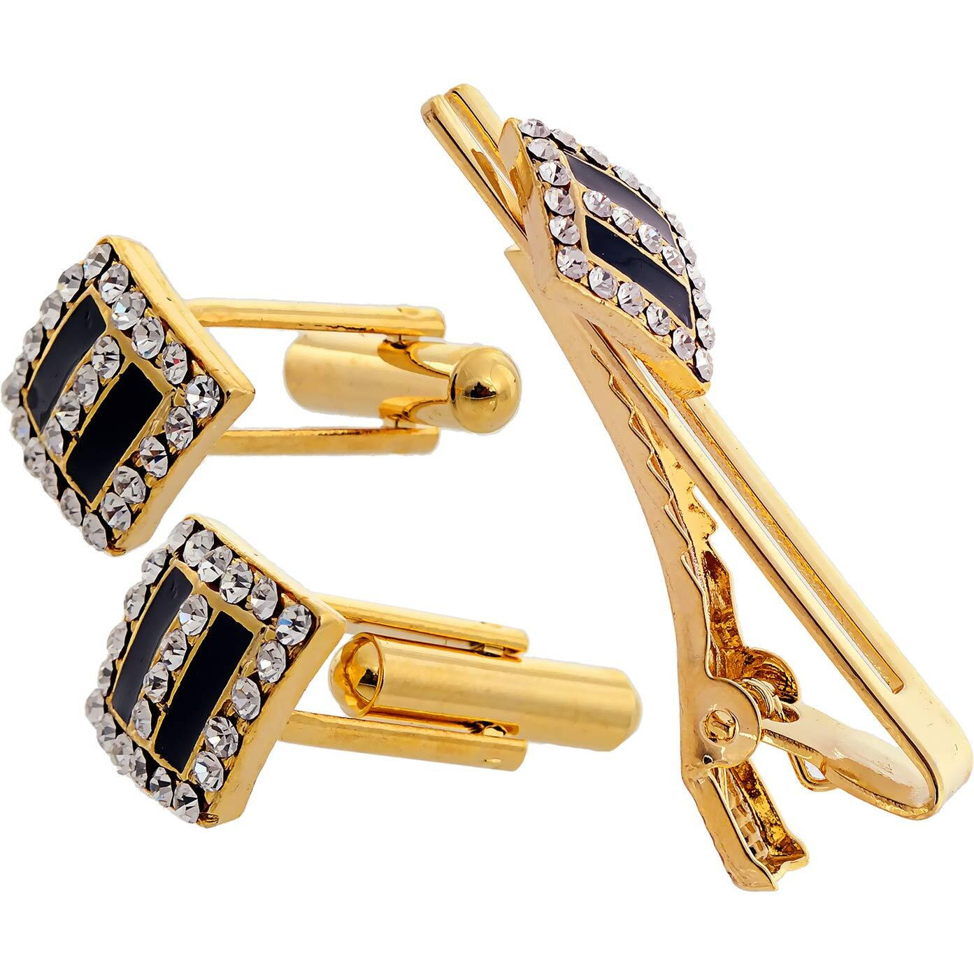 Lucky Jewellery Unique Men Jewelry White Color Stone Gold Plated Black Color Sleeve Button Formal Cuff Button Wedding Shirt Button, Suit, Blazer Cufflinks with Matching Tie Pin Gift Set For Men (416-M4C5-A5490-W-BL)