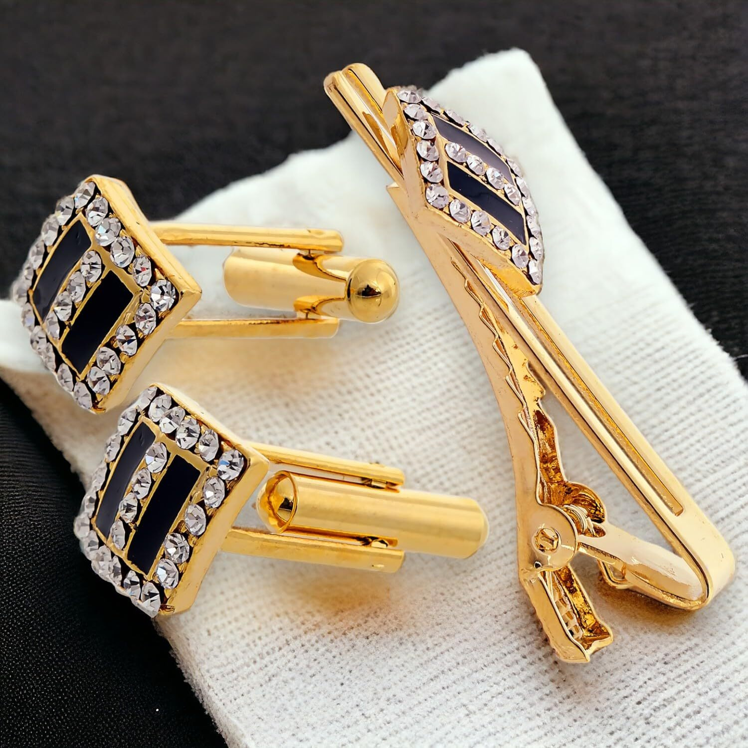 Lucky Jewellery Unique Men Jewelry White Color Stone Gold Plated Black Color Sleeve Button Formal Cuff Button Wedding Shirt Button, Suit, Blazer Cufflinks with Matching Tie Pin Gift Set For Men (416-M4C5-A5490-W-BL)