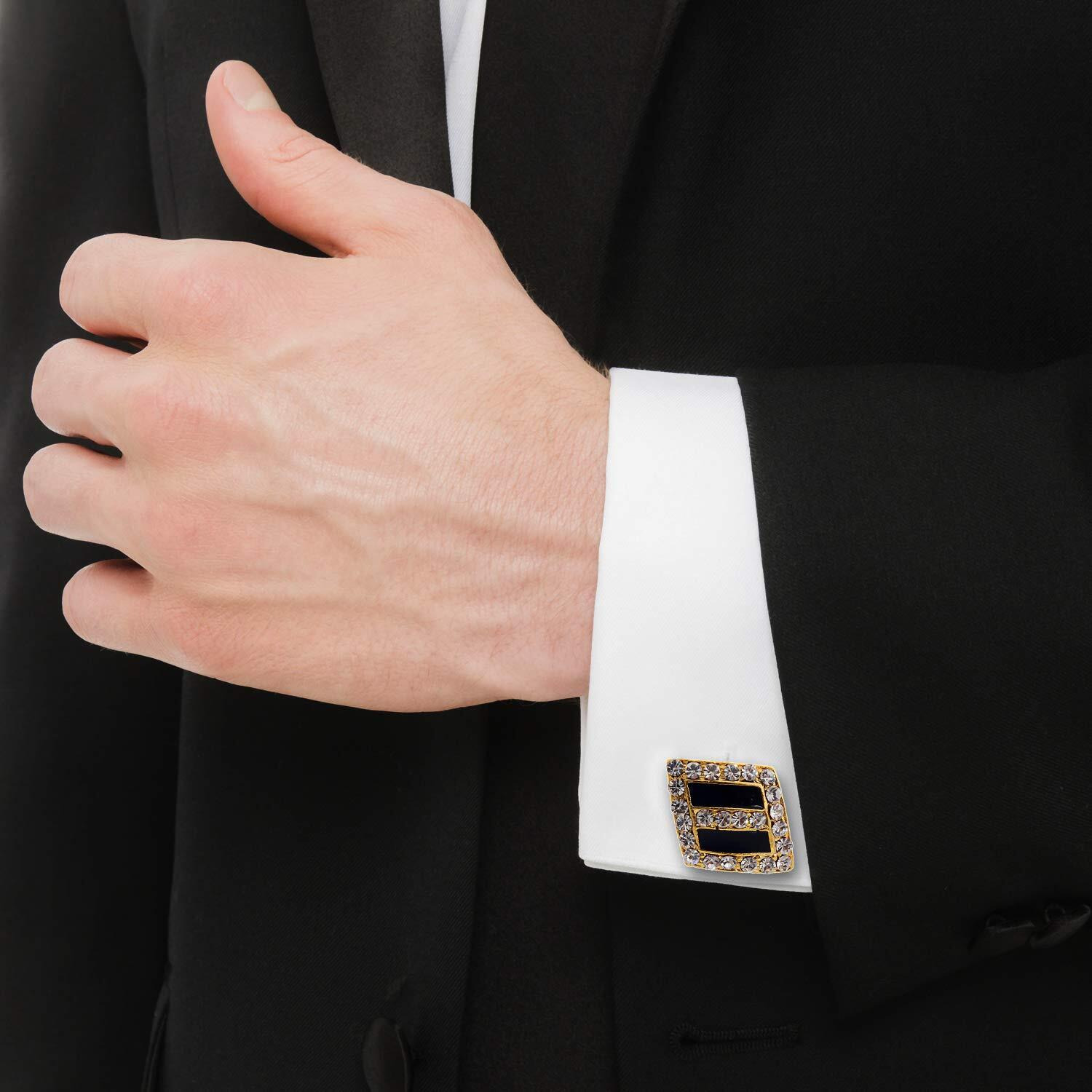 Lucky Jewellery Unique Men Jewelry White Color Stone Gold Plated Black Color Sleeve Button Formal Cuff Button Wedding Shirt Button, Suit, Blazer Cufflinks with Matching Tie Pin Gift Set For Men (416-M4C5-A5490-W-BL)