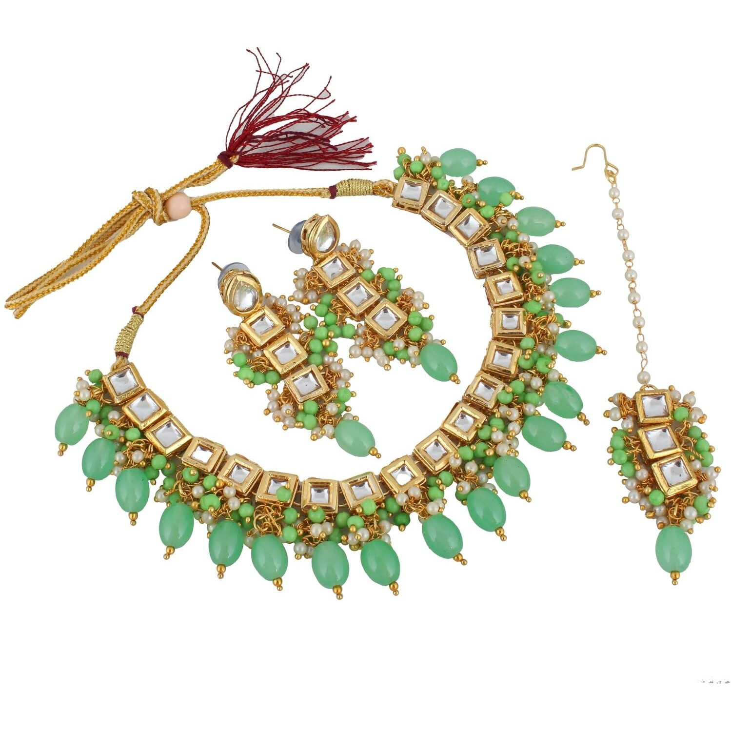 LUCKY JEWELLERY Back Meenakari 18k Gold Plated Green Color Square Shape Tika Earring Combo Jewellery Set Uncut Kundan Big Faux Kundan Dibbi Kundan Choker Necklace Set for Girls & Women