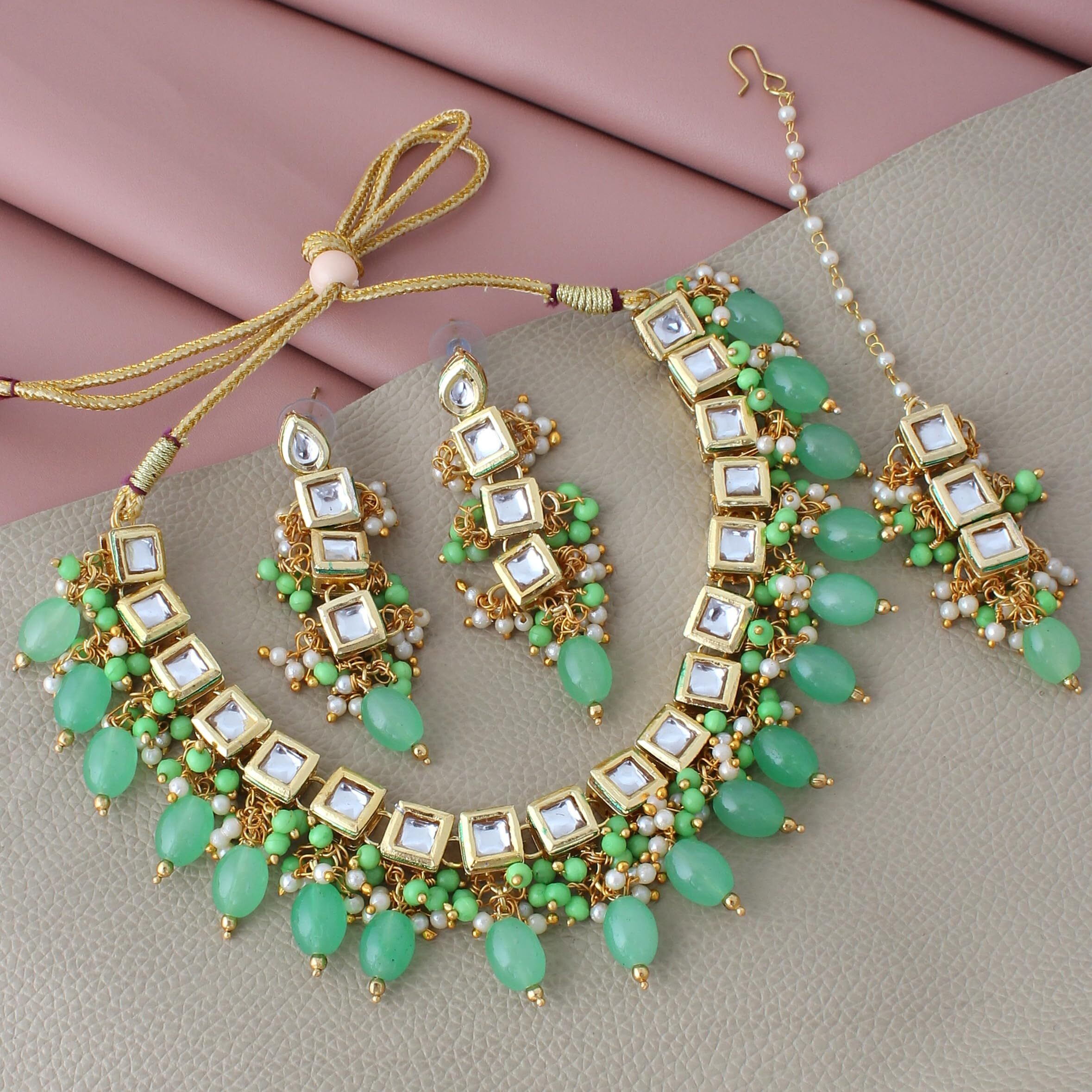LUCKY JEWELLERY Back Meenakari 18k Gold Plated Green Color Square Shape Tika Earring Combo Jewellery Set Uncut Kundan Big Faux Kundan Dibbi Kundan Choker Necklace Set for Girls & Women