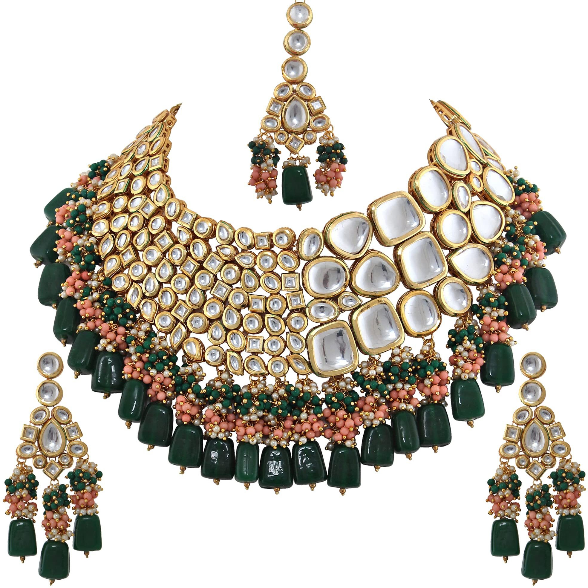 Lucky Jewellery 18K Gold Plated Multicolor Kundan Stone/Uncut Kundan/Dibbi Kundan/Meena Kundan/Lucknow Kundan with Tumble Drop Bridal Set for Girls & Women (8656-M4SK-1568-WPHG)