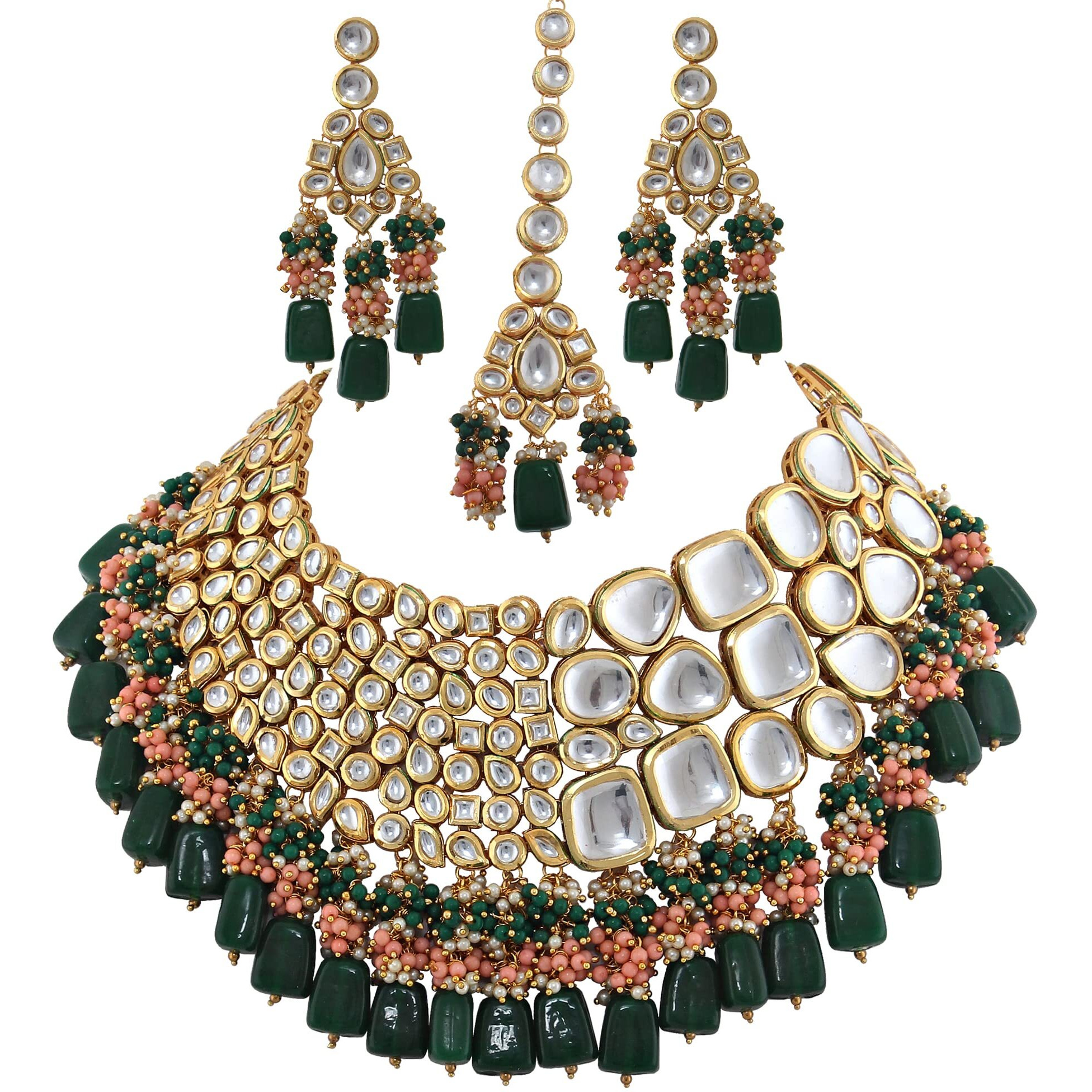Lucky Jewellery 18K Gold Plated Multicolor Kundan Stone/Uncut Kundan/Dibbi Kundan/Meena Kundan/Lucknow Kundan with Tumble Drop Bridal Set for Girls & Women (8656-M4SK-1568-WPHG)