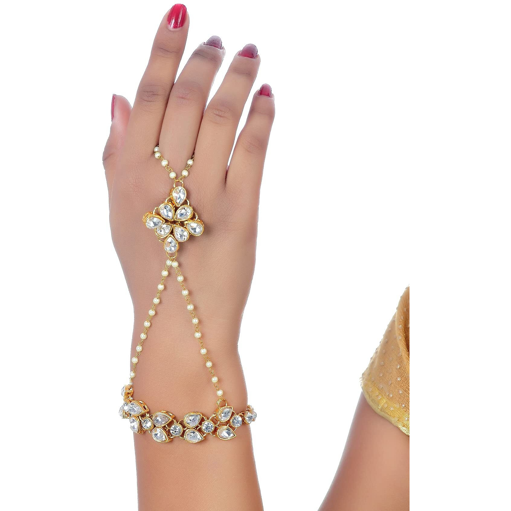 Lucky Jewellery Elegant White Color Gold Plated Finger Ring Bracelet Hand Harness Hathphool For Girls & Women